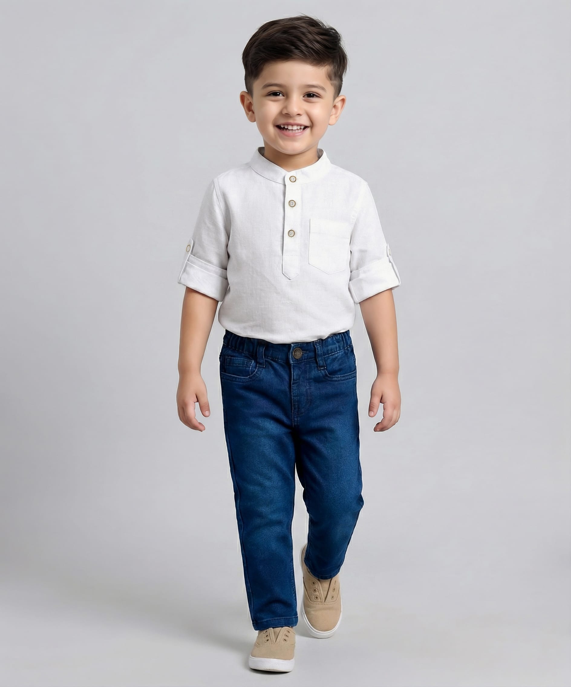 Babyhug Cotton Woven Full Sleeves Solid Color Shirt & Jeans Set - White & Blue-image-0