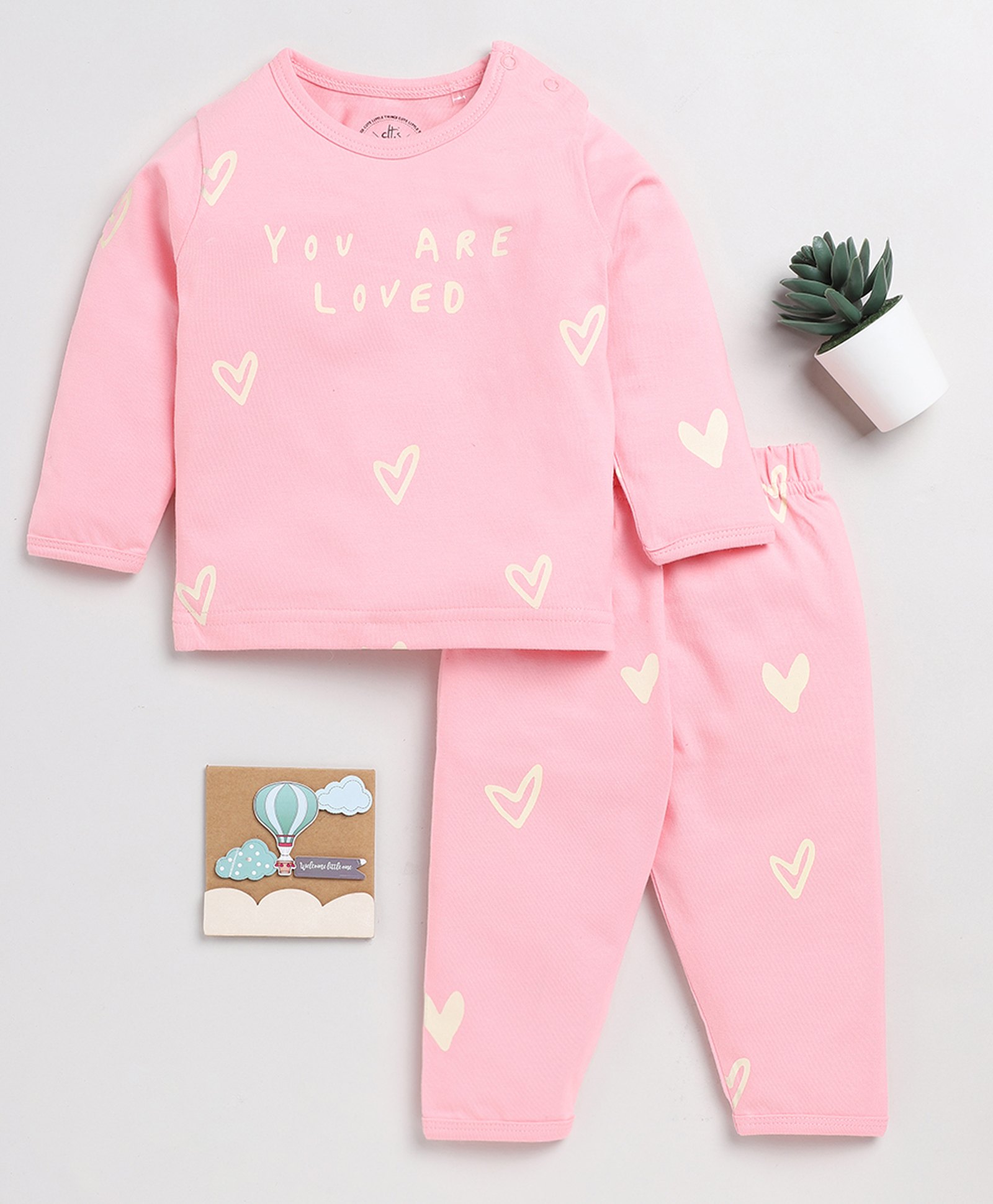 Clt.s Cotton Woven Full Sleeves You Are Loved Text Printed Coordinating Night Suit Set - Pink-image-47