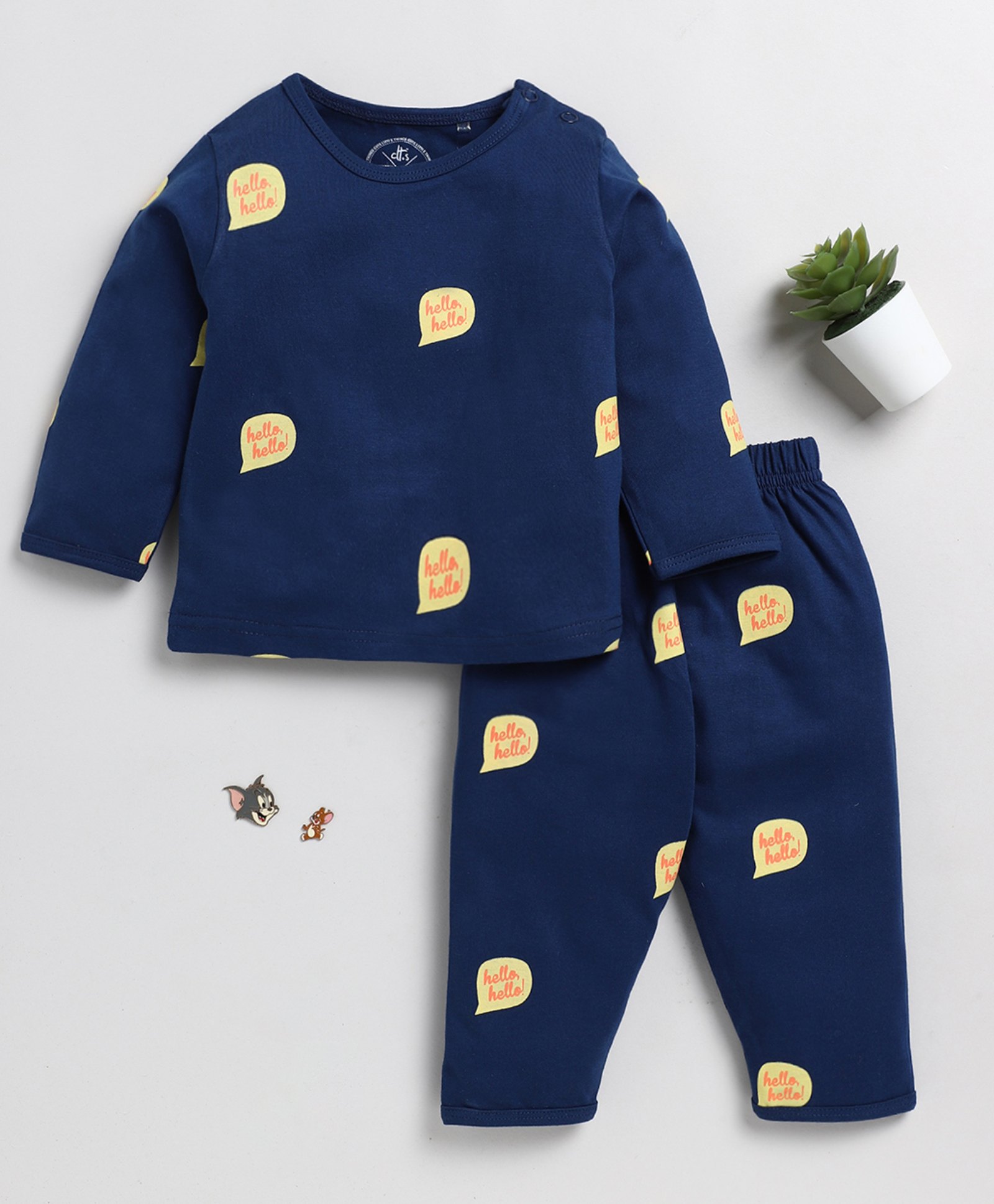 Clt.s Cotton Knitted Full Sleeves Hello Hello Text Printed Coordinating Night Suit Set - Blue-image-26
