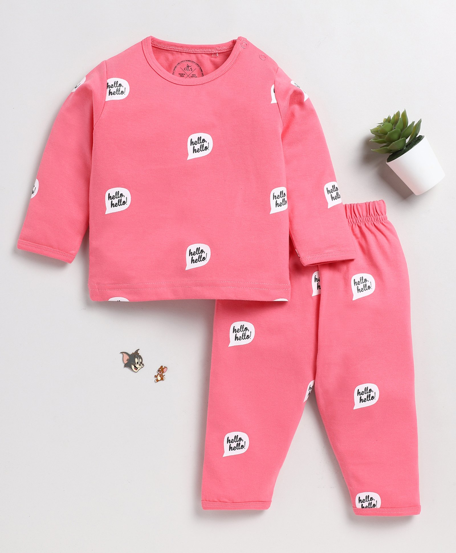 Clt.s Cotton Knitted Full Sleeves Hello Hello Text Printed Coordinating Night Suit Set - Pink-image-28