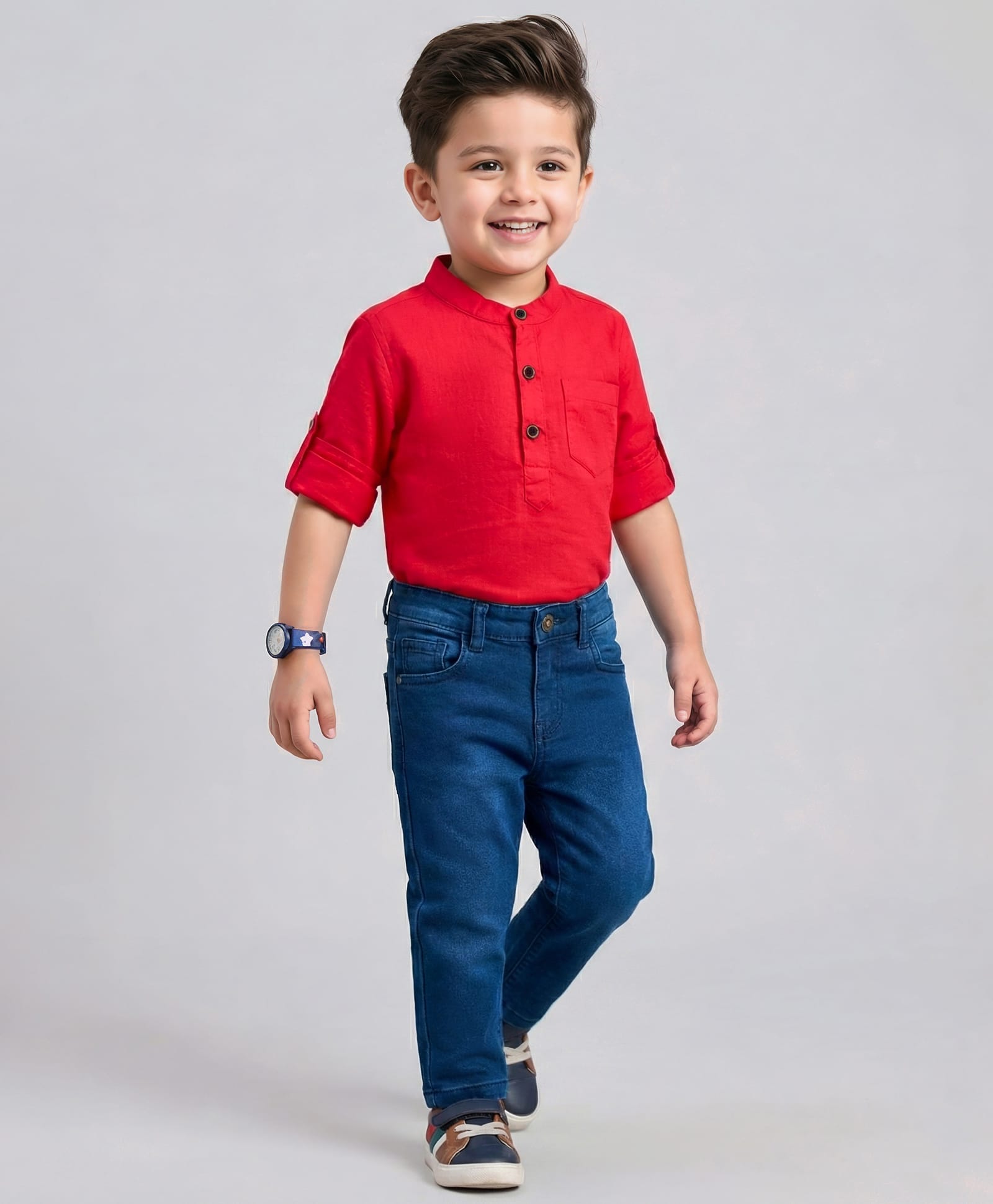 Babyhug Cotton Woven Full Sleeves Solid Color Shirt & Jeans Set - Red & Blue