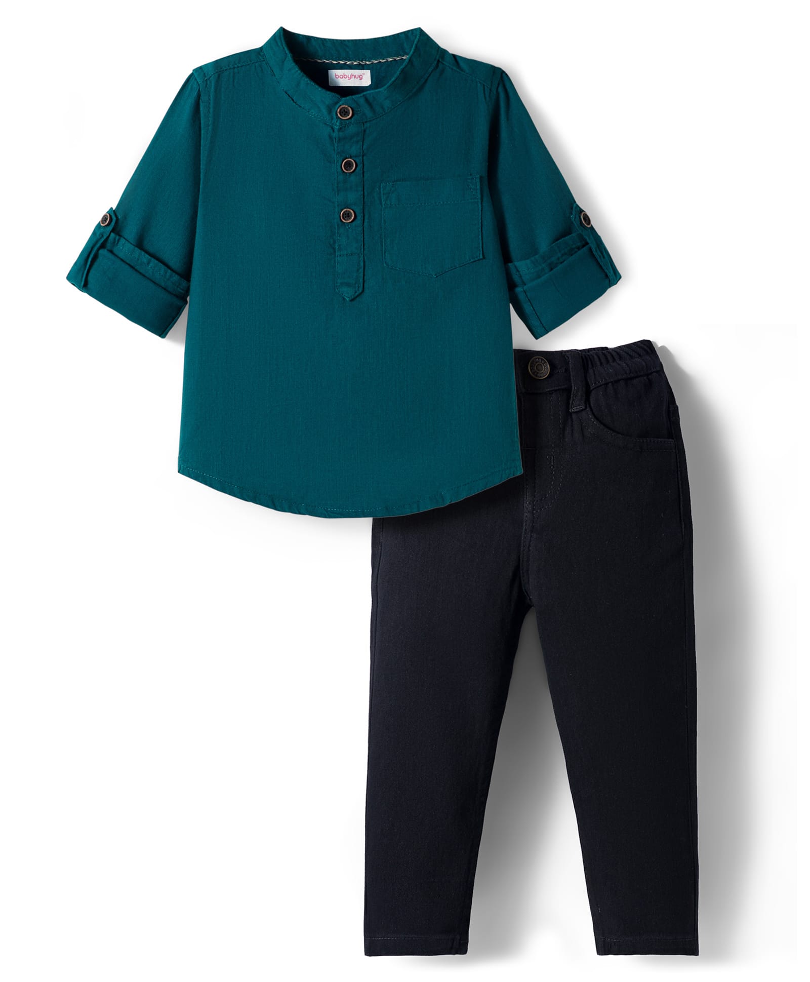 Babyhug Cotton Woven Full Sleeves Solid Color Mandarin Collar Shirt and Denim Jeans Set - Teal Blue & Black