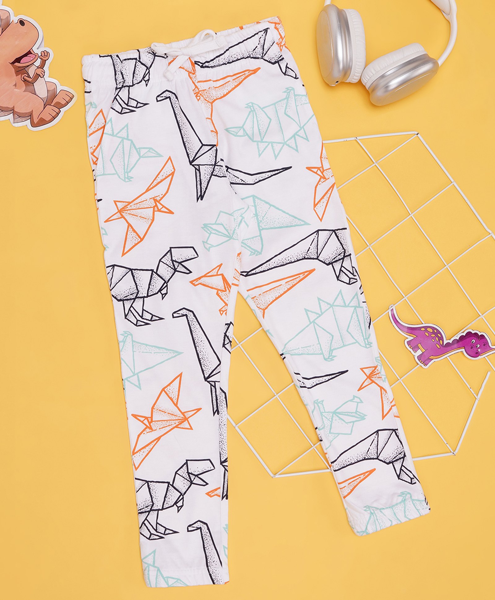 Pantaloons Junior Cotton Knit Dinosaur Origami Printed Leggings - White-picture-37