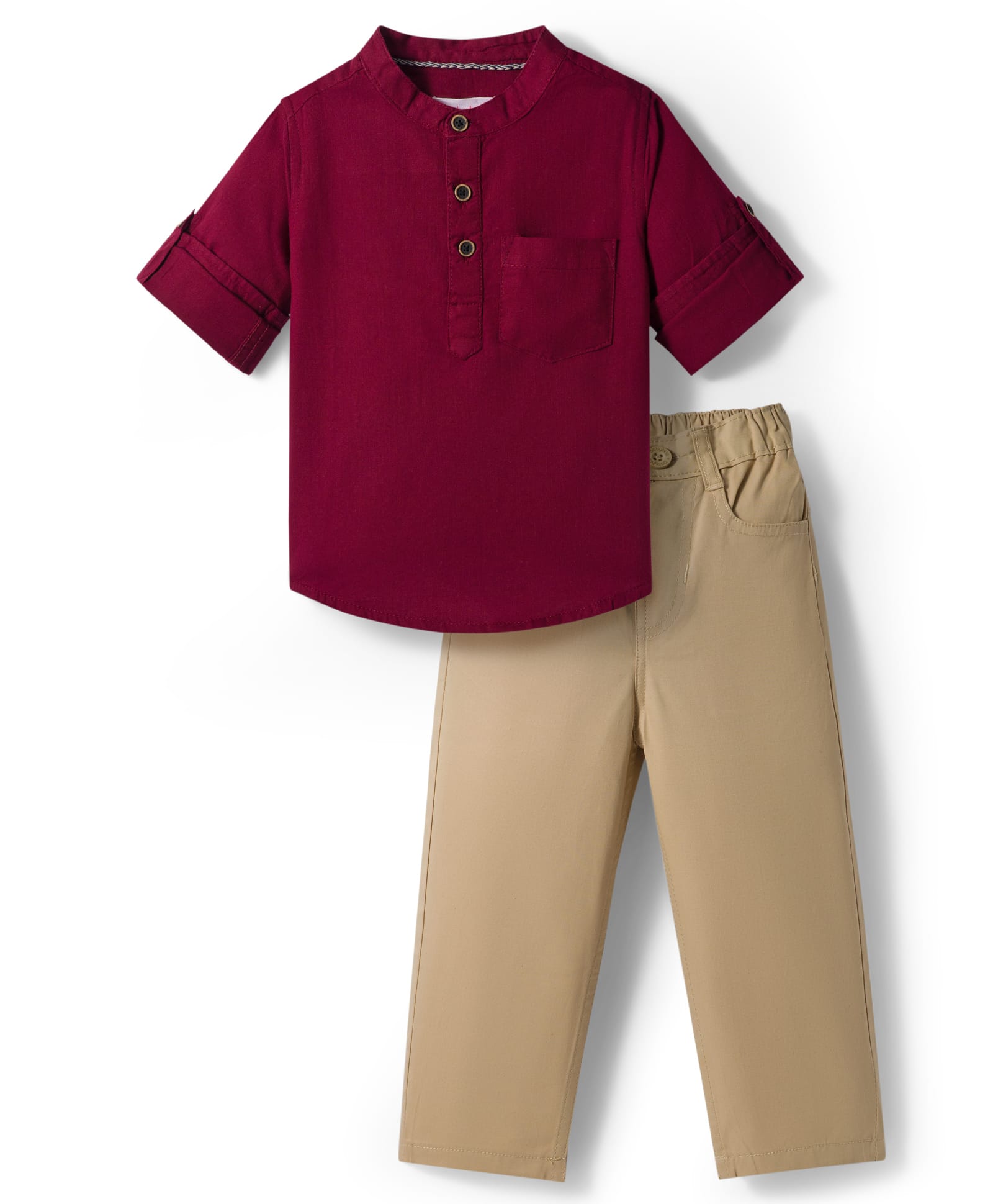 Babyhug Cotton Woven Full Sleeves Solid Color Shirt & Pant Set - Maroon & Beige