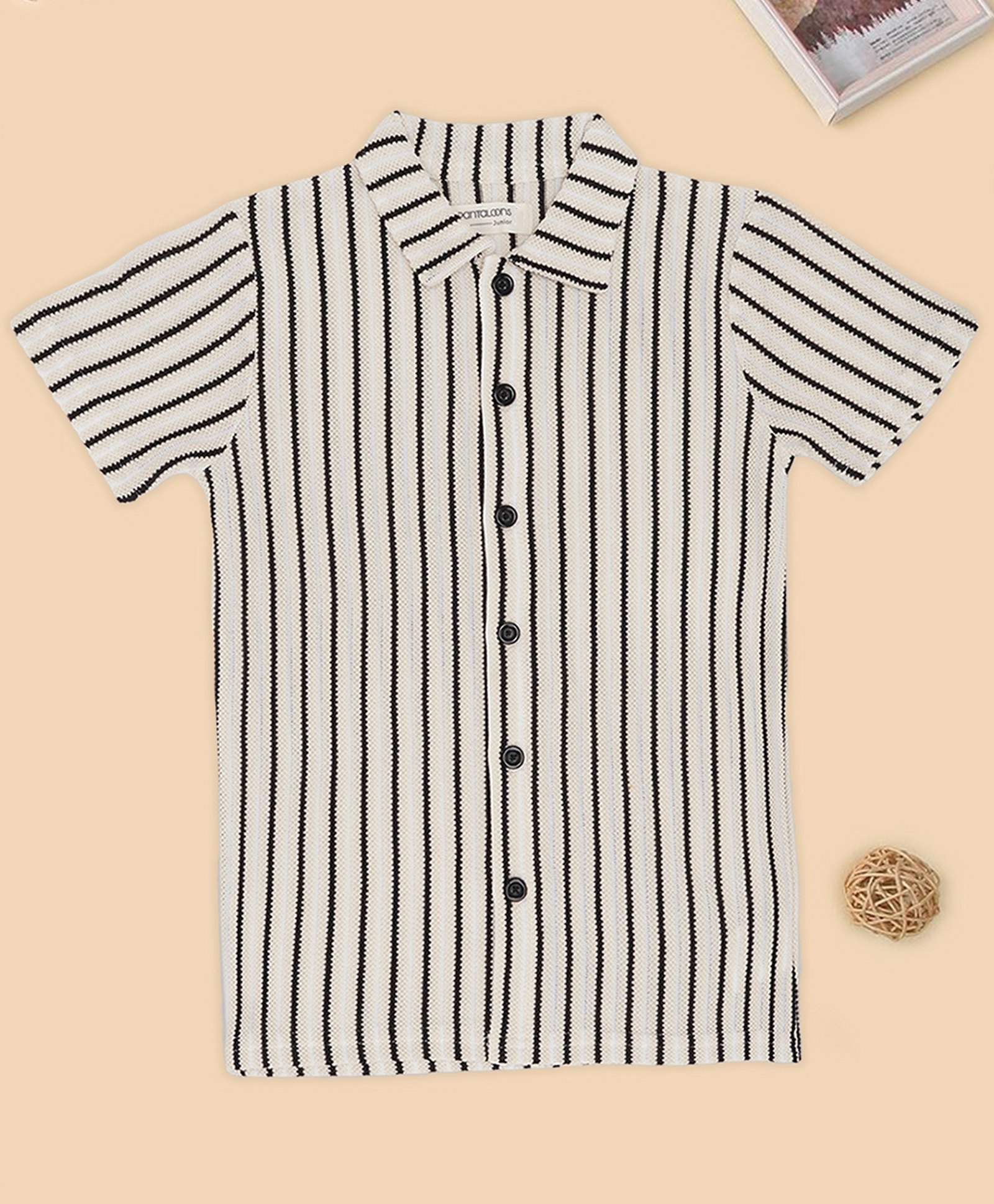 Pantaloons Junior Knit Half Sleeves Textured Striped Shirt - White-image-48