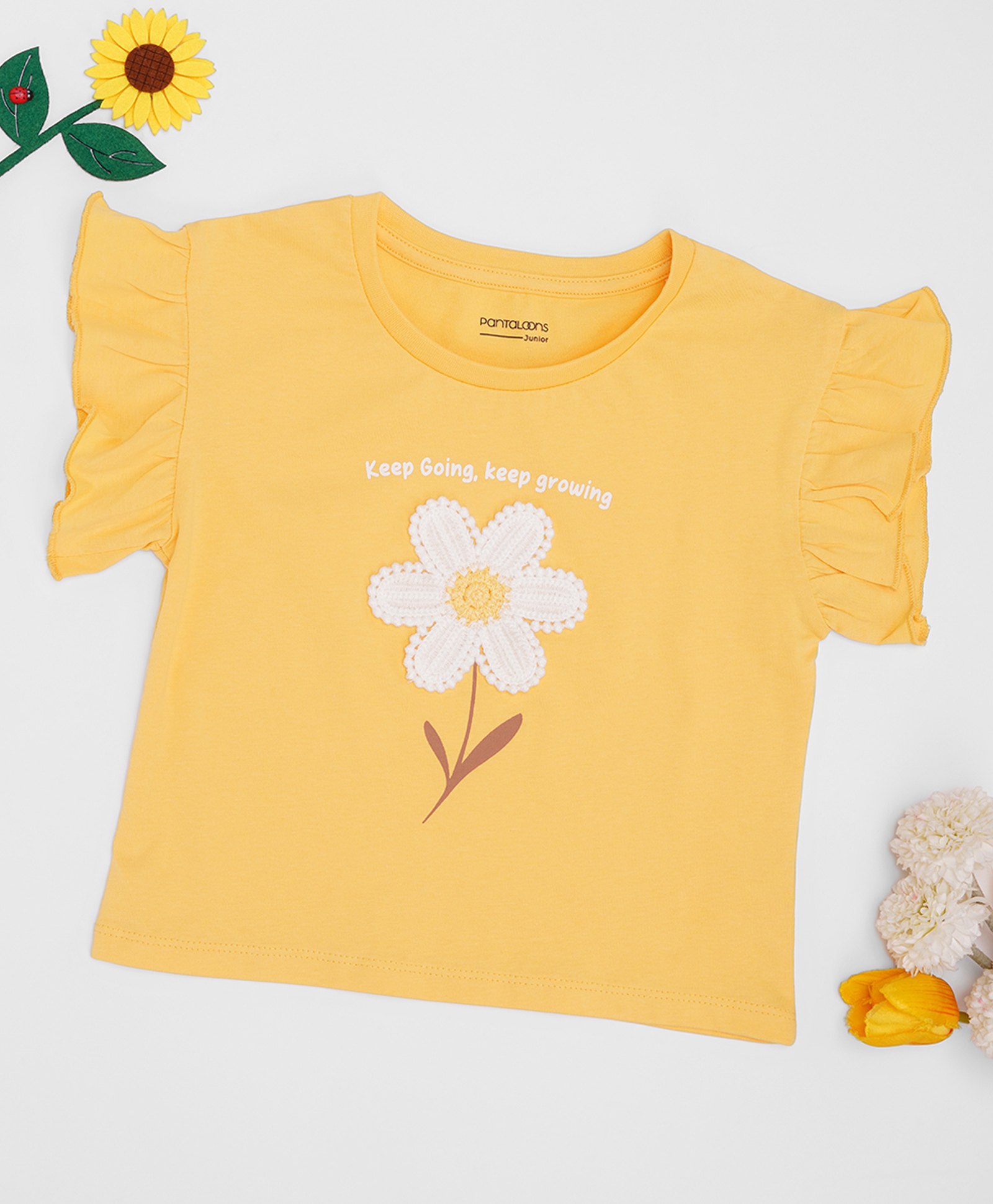 Pantaloons Junior 100% Cotton Knit Frill Sleeves Floral Embroidered Top - Yellow-image-21