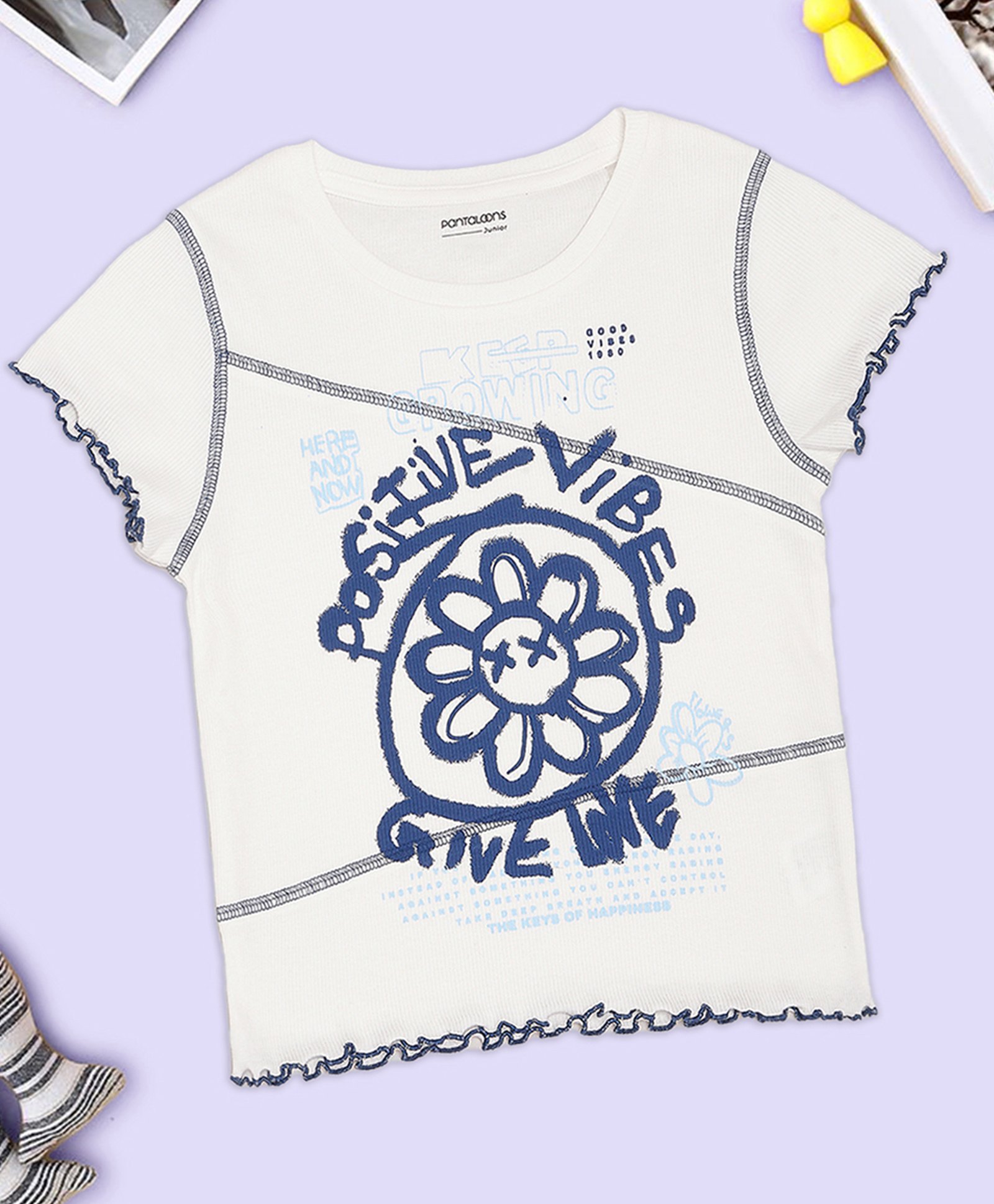 Pantaloons Junior Cotton Spandex Knit Half Sleeves Positive Vibes Text & Floral Printed Top - Off White-picture-31