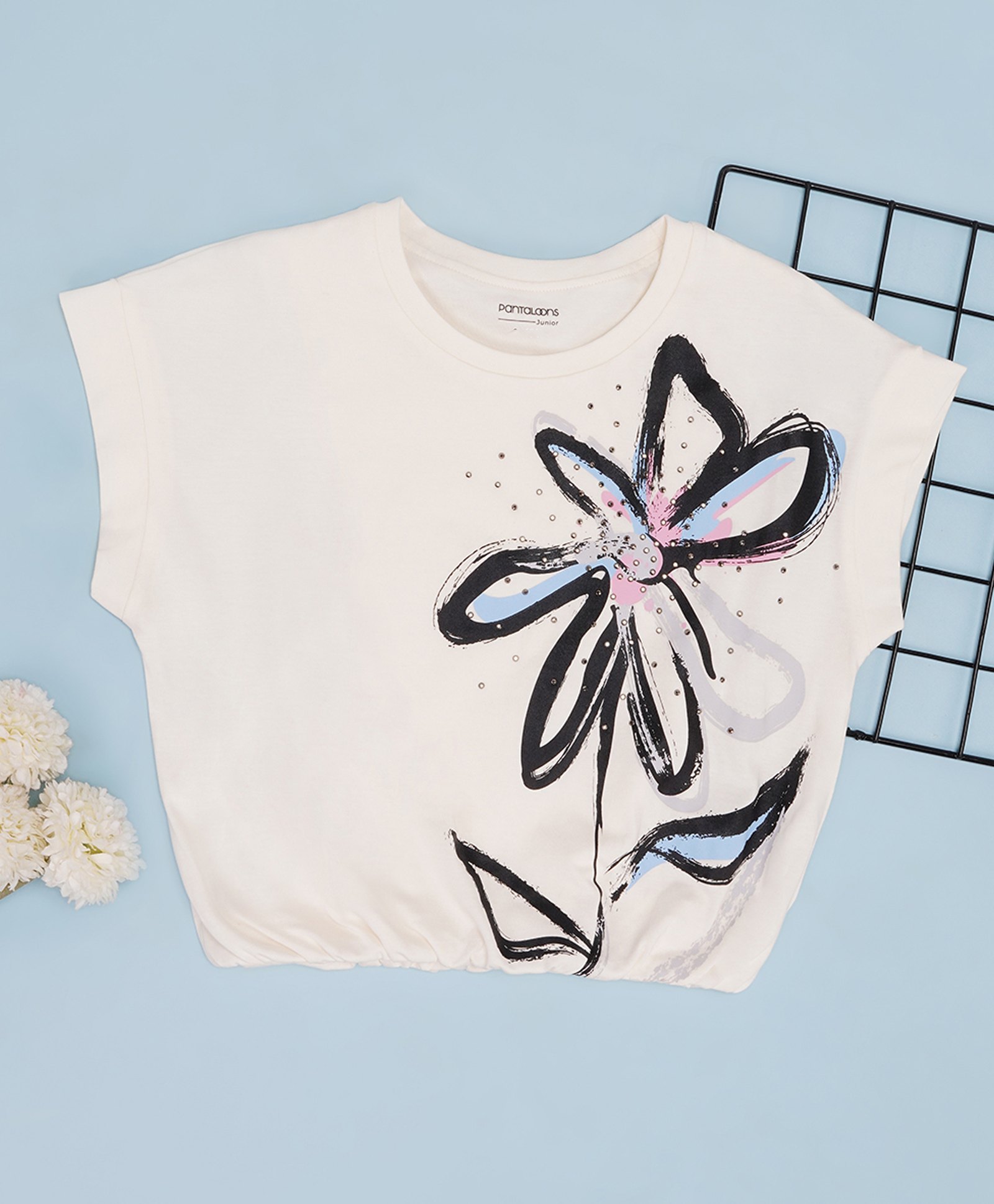 Pantaloons Junior 100% Cotton Knit Short Sleeves Floral Printed & Rhinestones Embellished Crop Top - Sugar Swizzle-picture-31