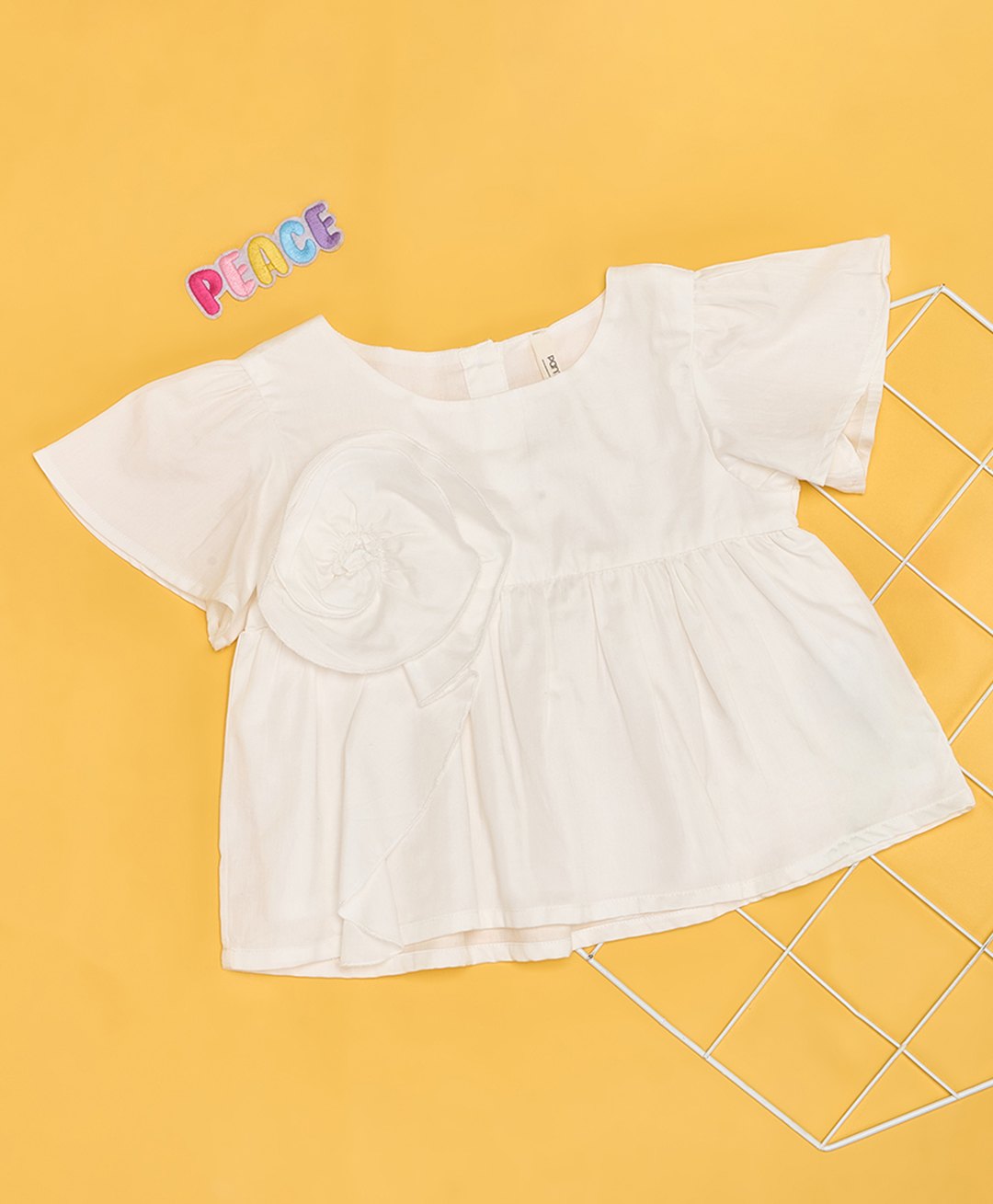 Pantaloons Junior 100% Cotton Woven Half Flutter Sleeves Floral Applique Detailed Peplum Top - White-picture-10