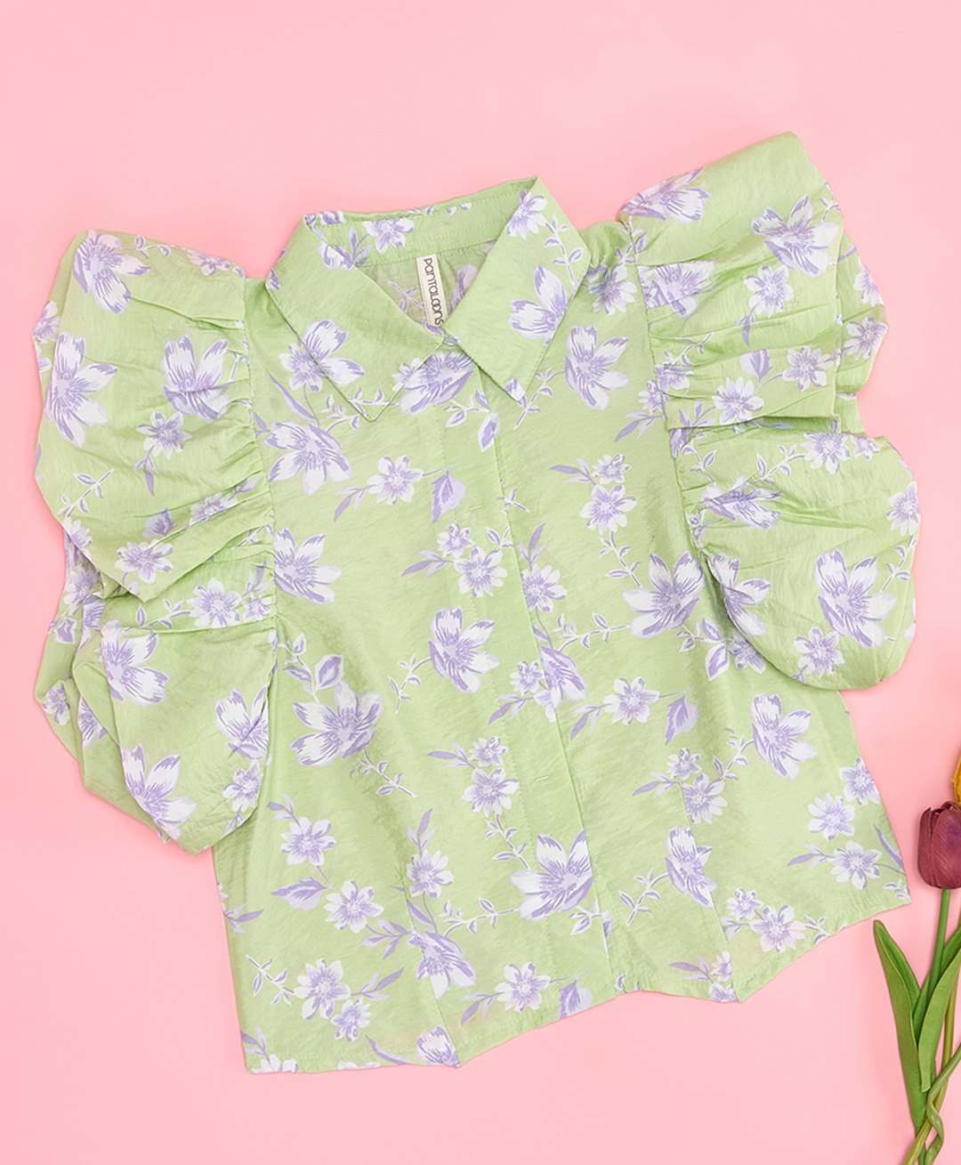 Pantaloons Junior Chiffon Woven Flutter Sleeves Floral Printed Shirt Style Top - Green-picture-10