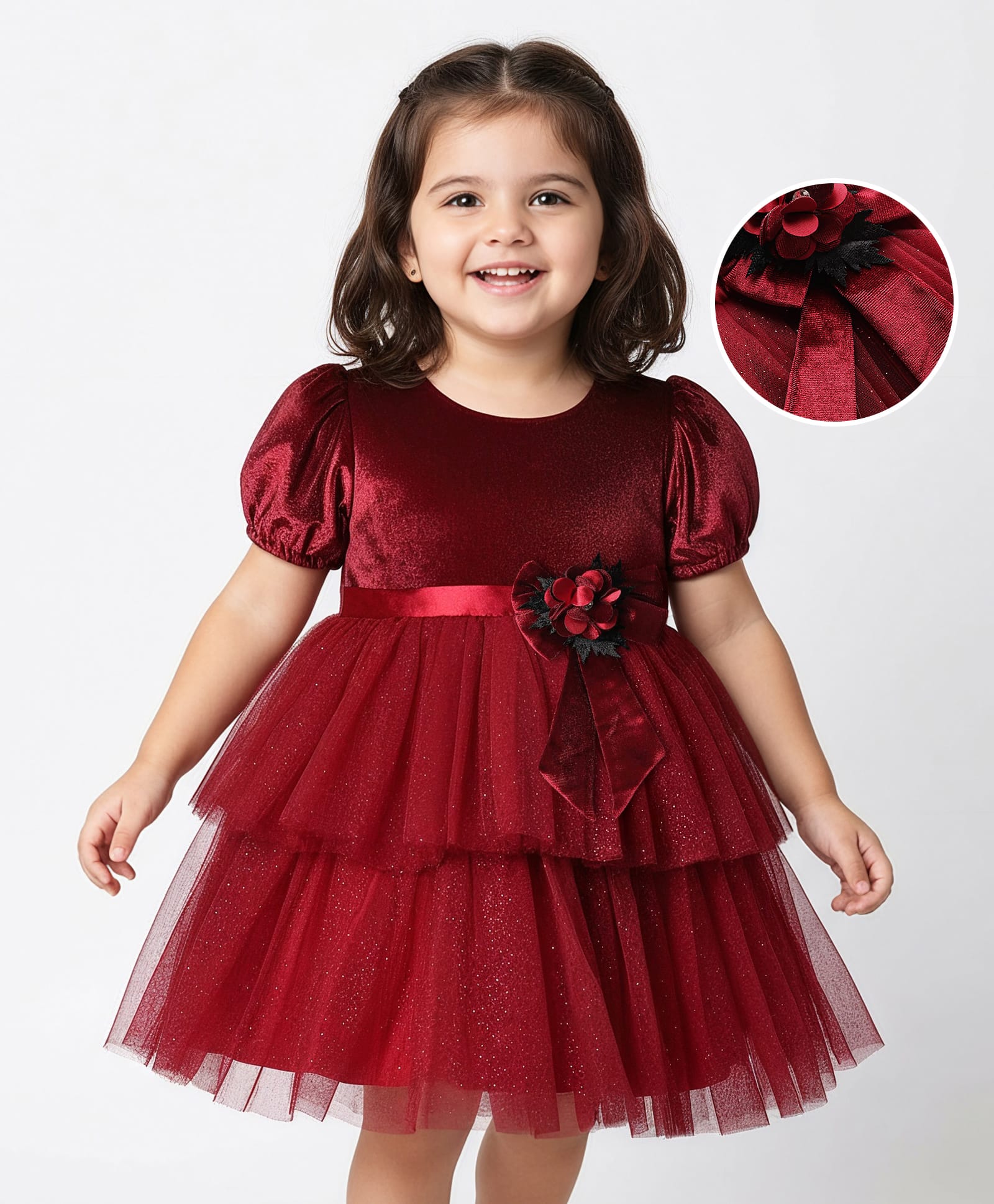Babyhug Velour Woven Half Sleeves Flared & Layered Partywear Dress With Floral Applique - Maroon-image-35