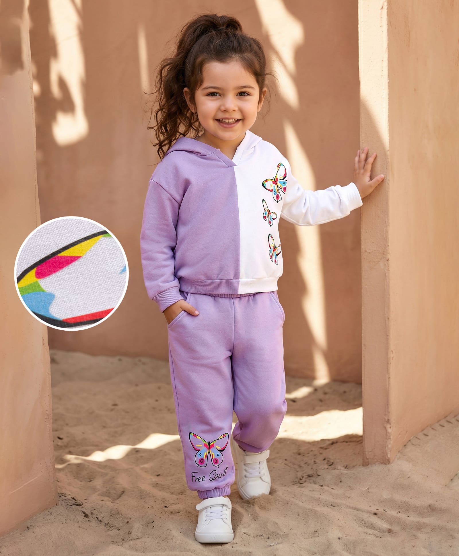 Mark & Mia Fleece Knit Full Sleeves Cut & Sew Hooded Sweatshirt & Joggers Sets with Butterfly Graphics - White & Purple-image-9