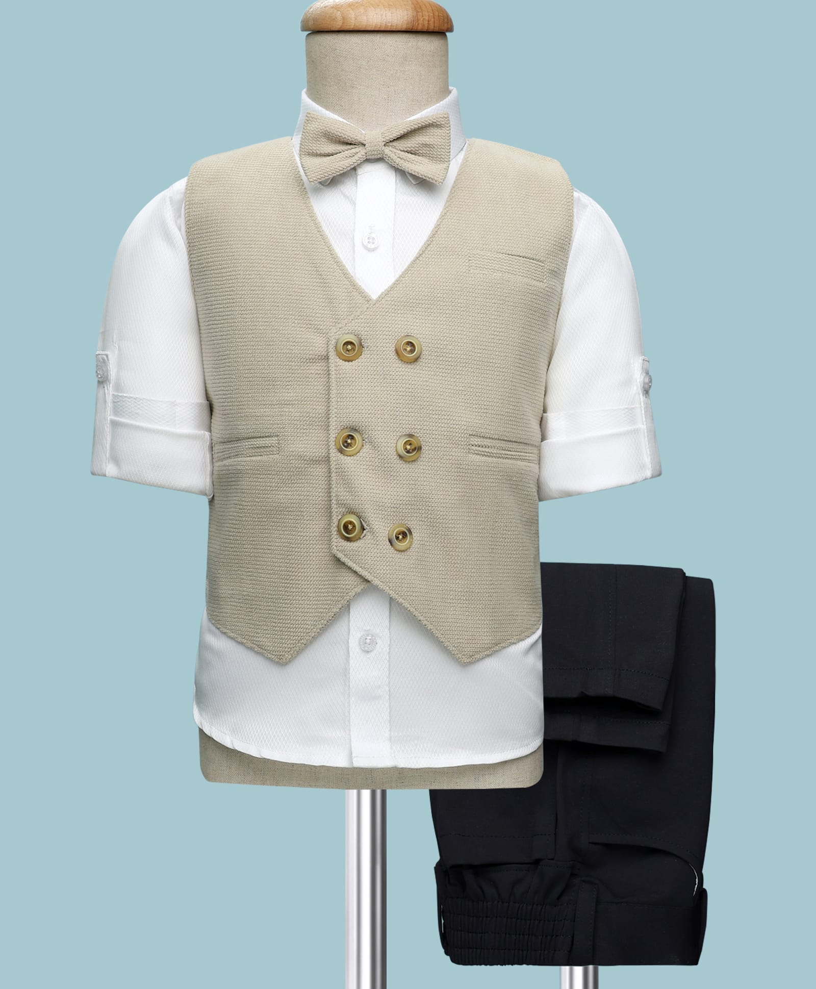 Rikidoos Full Sleeves Textured 3 Piece Party Suit With Bow Set - White & Light Fawn-picture-16