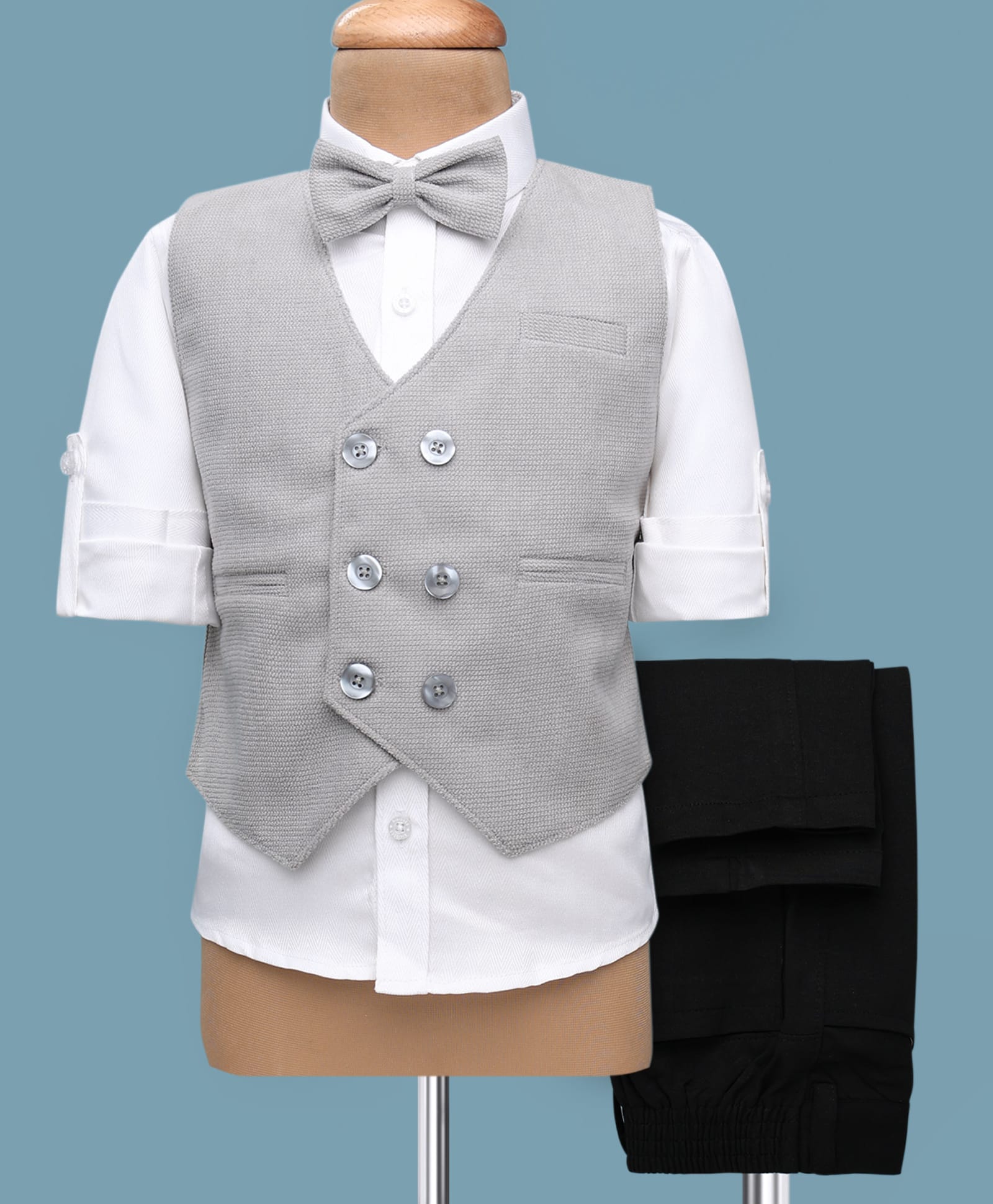 Rikidoos Full Sleeves Textured 3 Piece Party Suit With Bow Set - White & Grey-picture-23