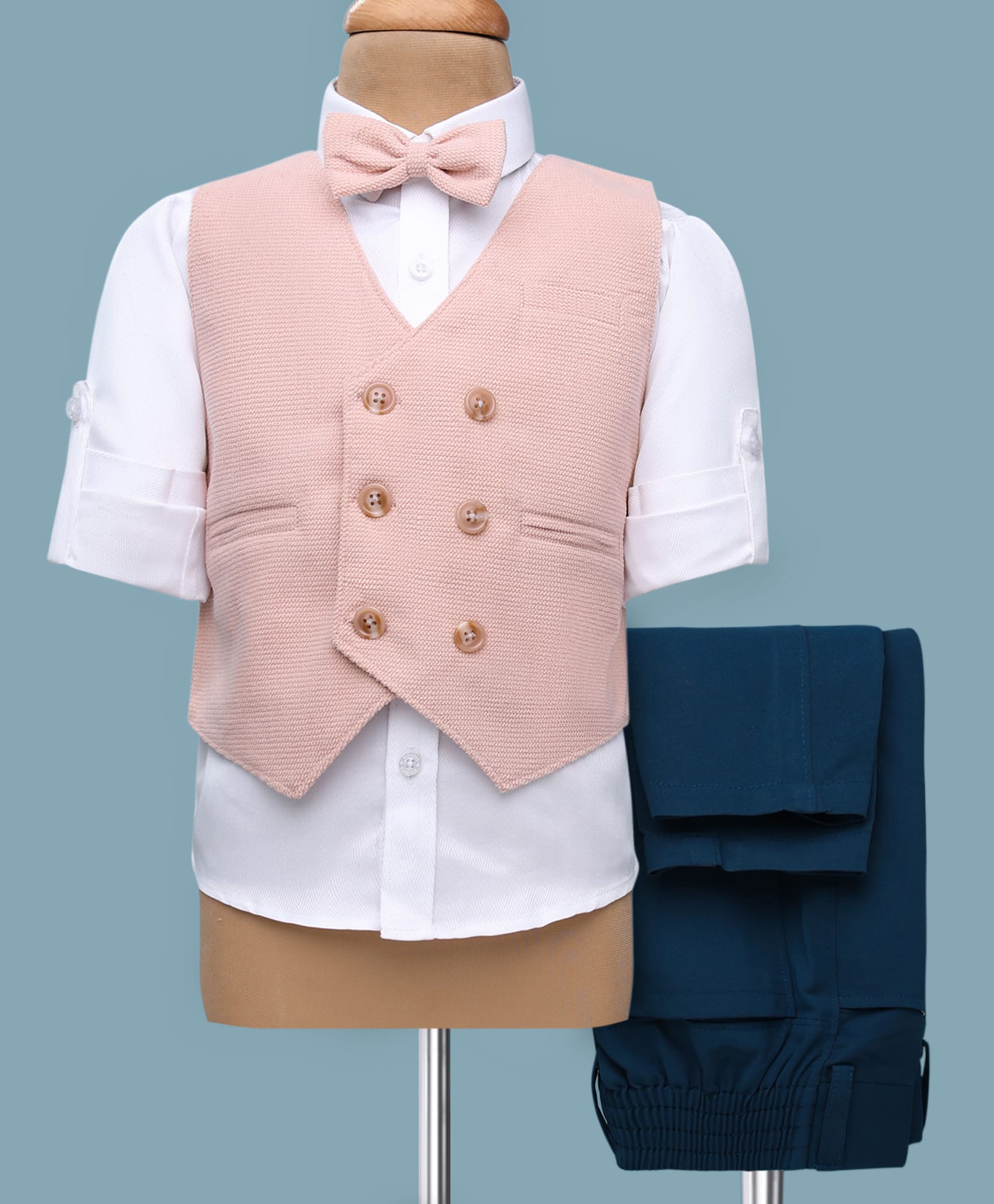 Rikidoos Full Sleeves Textured 3 Piece Party Suit With Bow Set - White & Peach-picture-14