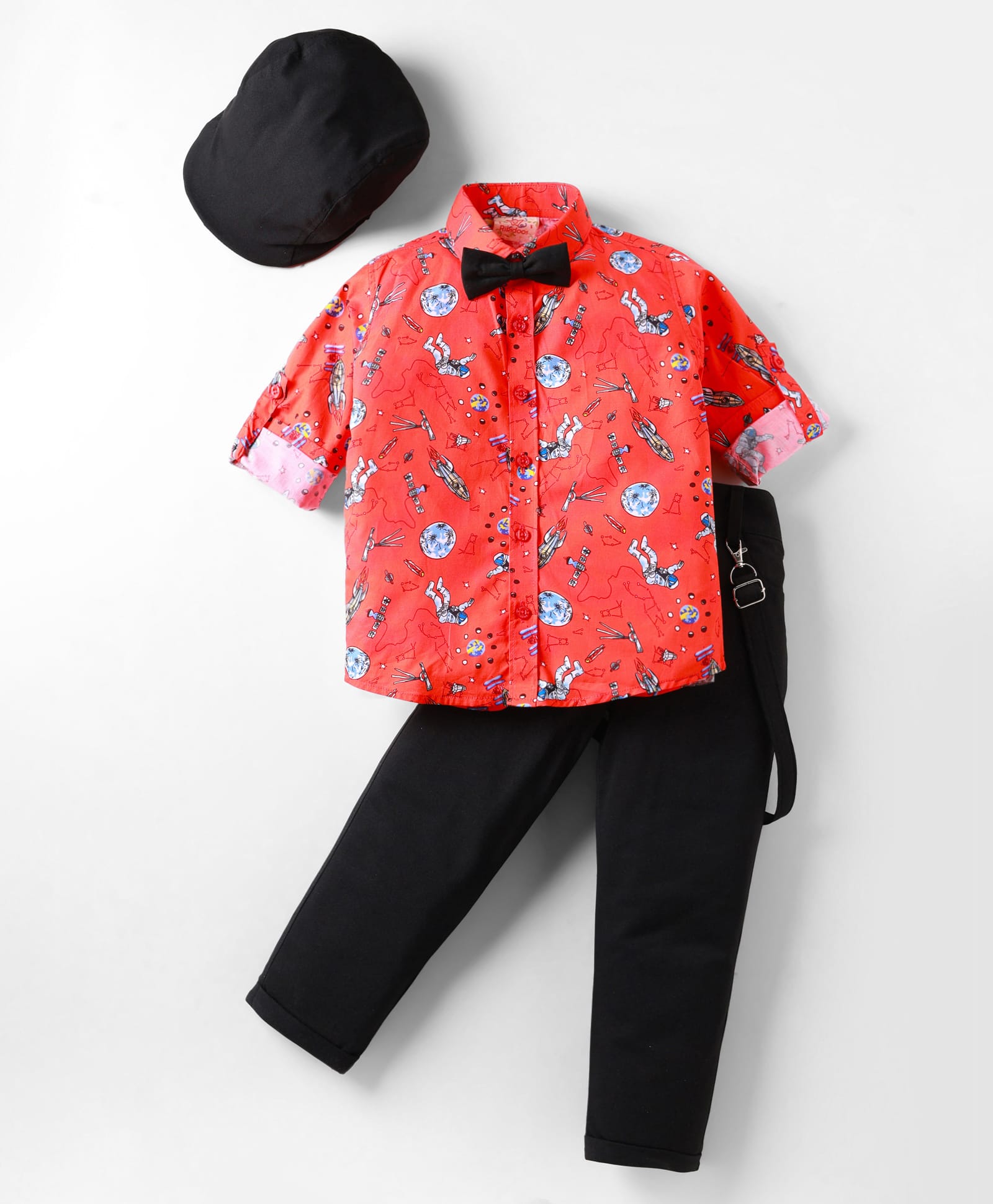 Rikidoos Full Sleeves Space Theme Printed Shirt Pant With Suspender Bow & Cap Set - Orange & Black-image-15