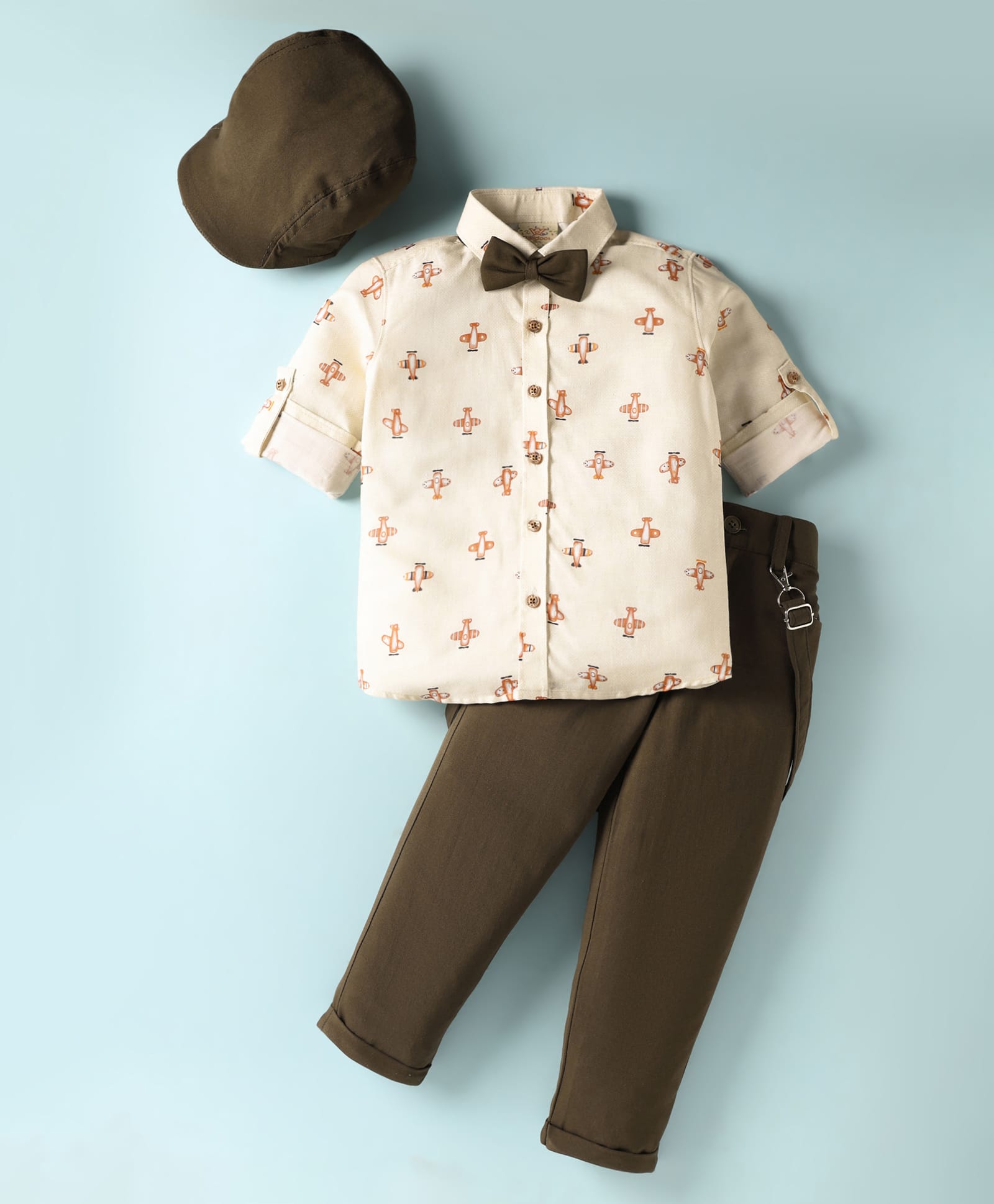 Rikidoos Full Sleeves Aeroplane Printed Shirt & Pant With Cap Bow & Suspender Set - Cream & Brown-picture-19