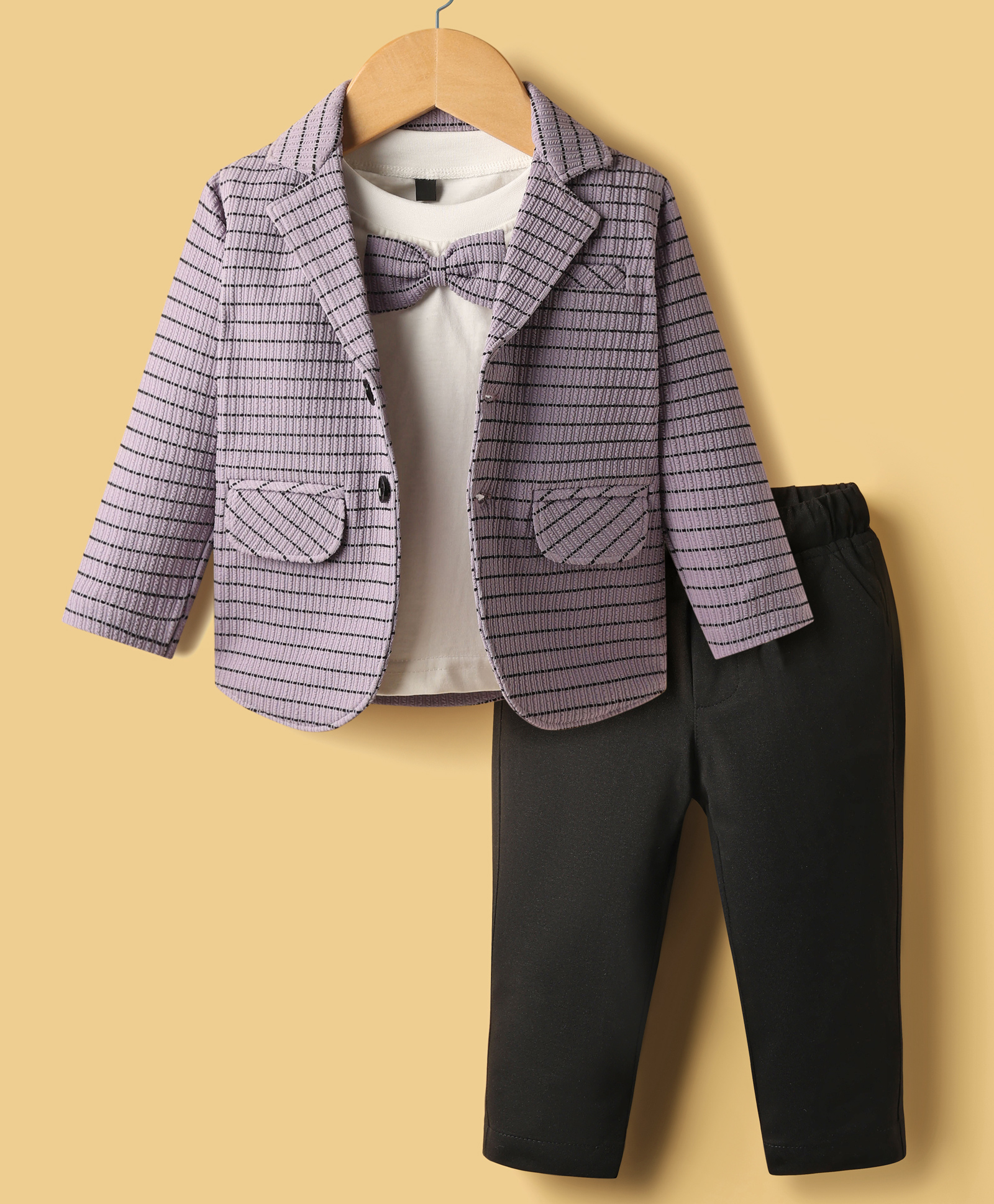 Rikidoos Full Sleeves Striped Textured Blazer With Bow Applique Detailed Tee & Pant Set - Purple & Black-picture-30