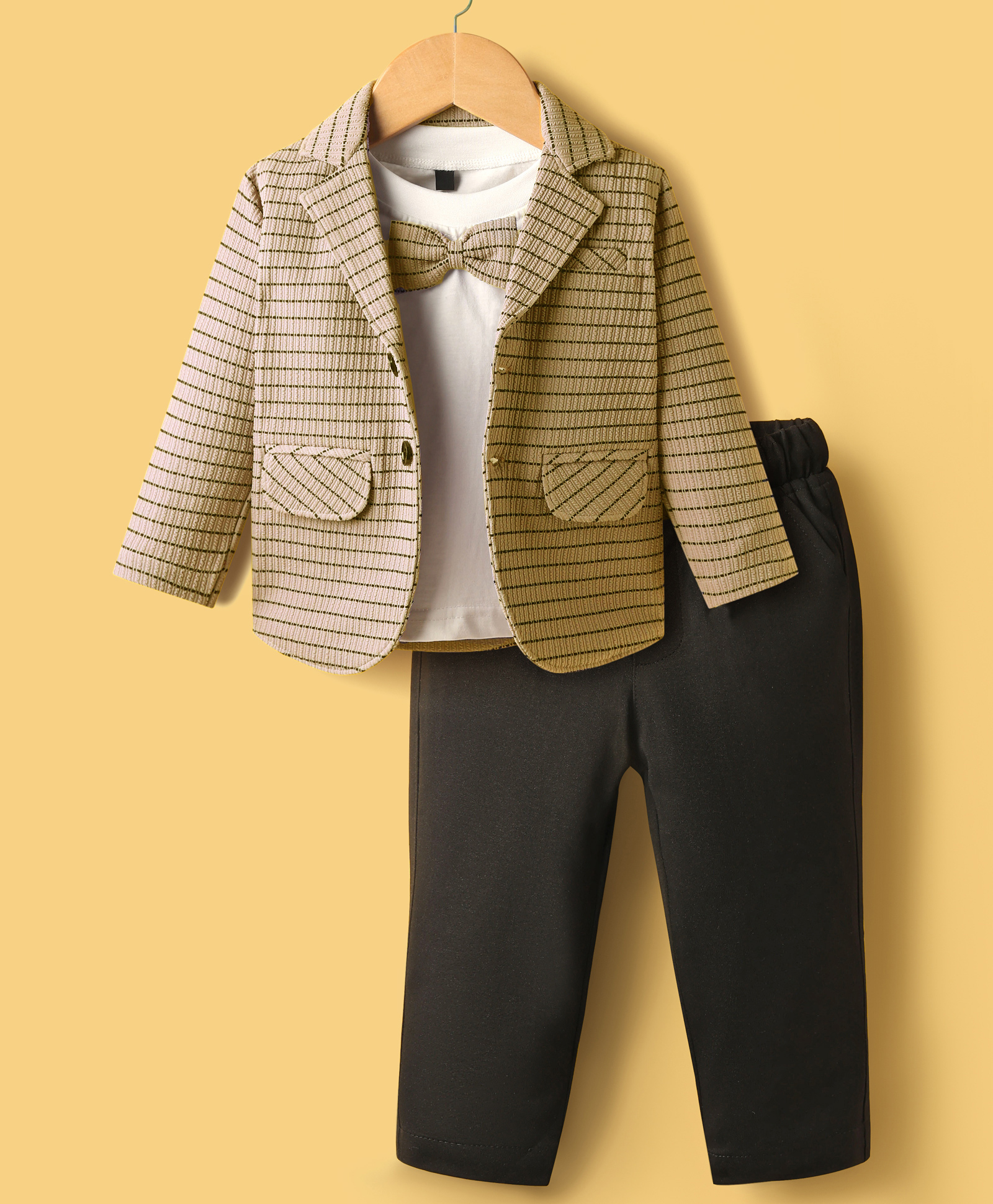 Rikidoos Full Sleeves Striped Blazer With Break Text Printed Tee Set - Beige & Black-picture-10