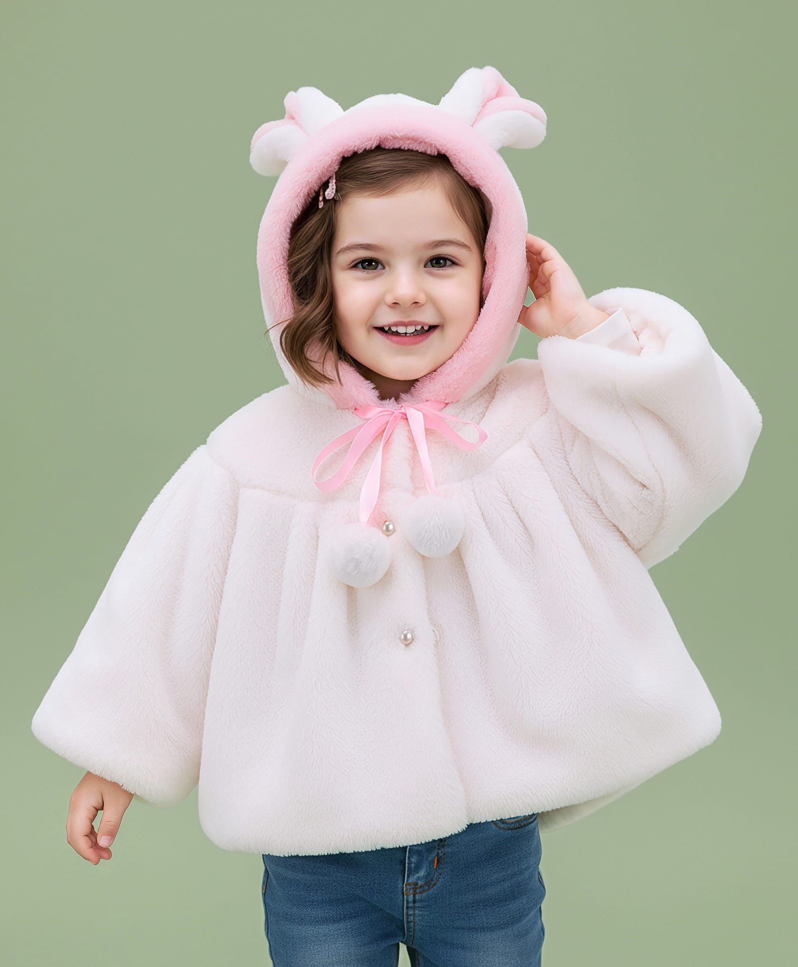 Mark & Mia Full Sleeves Fur Solid Hooded Winter Jacket With Ear Applique - White-picture-38