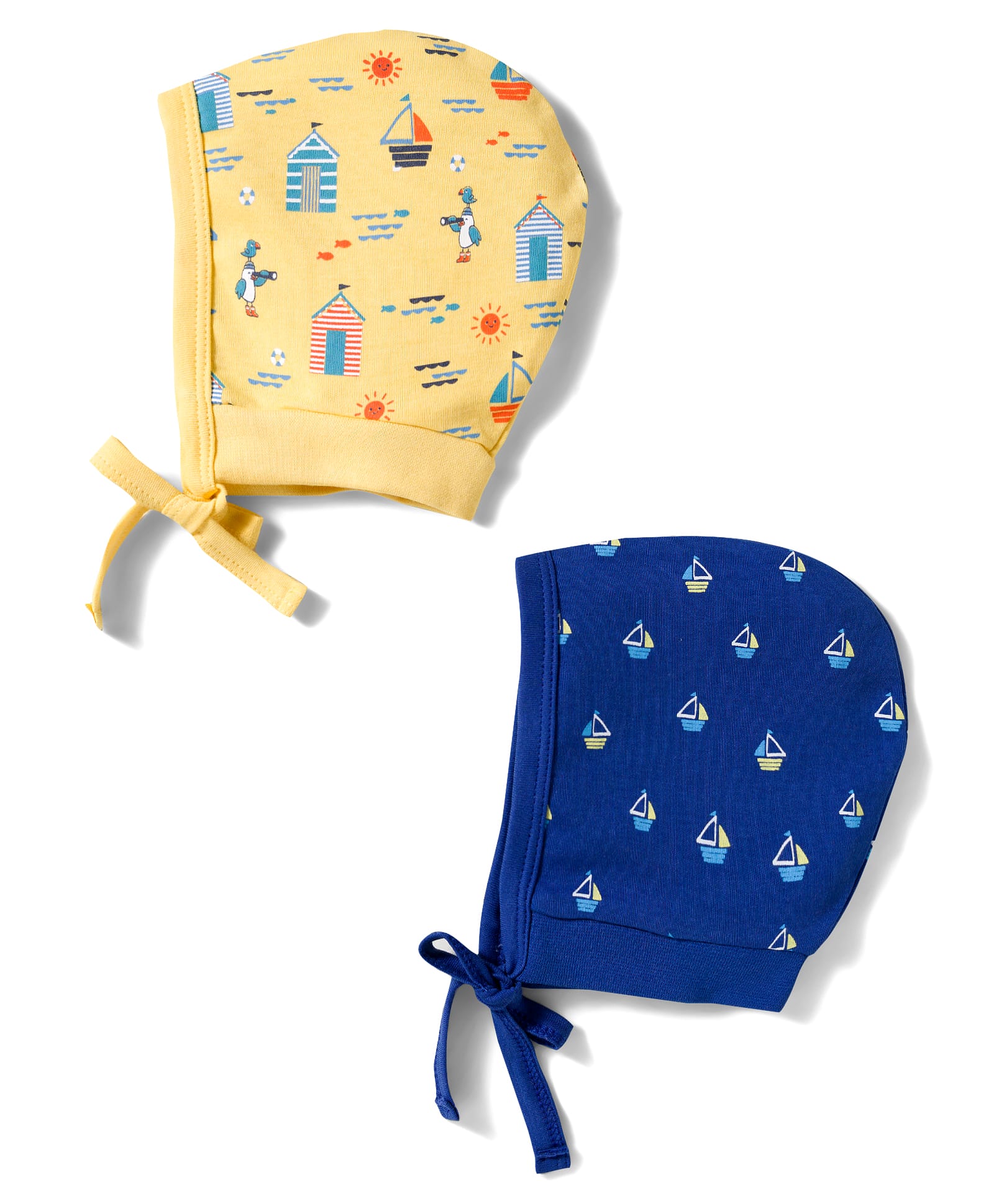 Babyhug 100% Cotton Knit Bonnet Cap with Boat Print Pack of 2 Yellow & Navy Blue - 9.5 cm Diameter