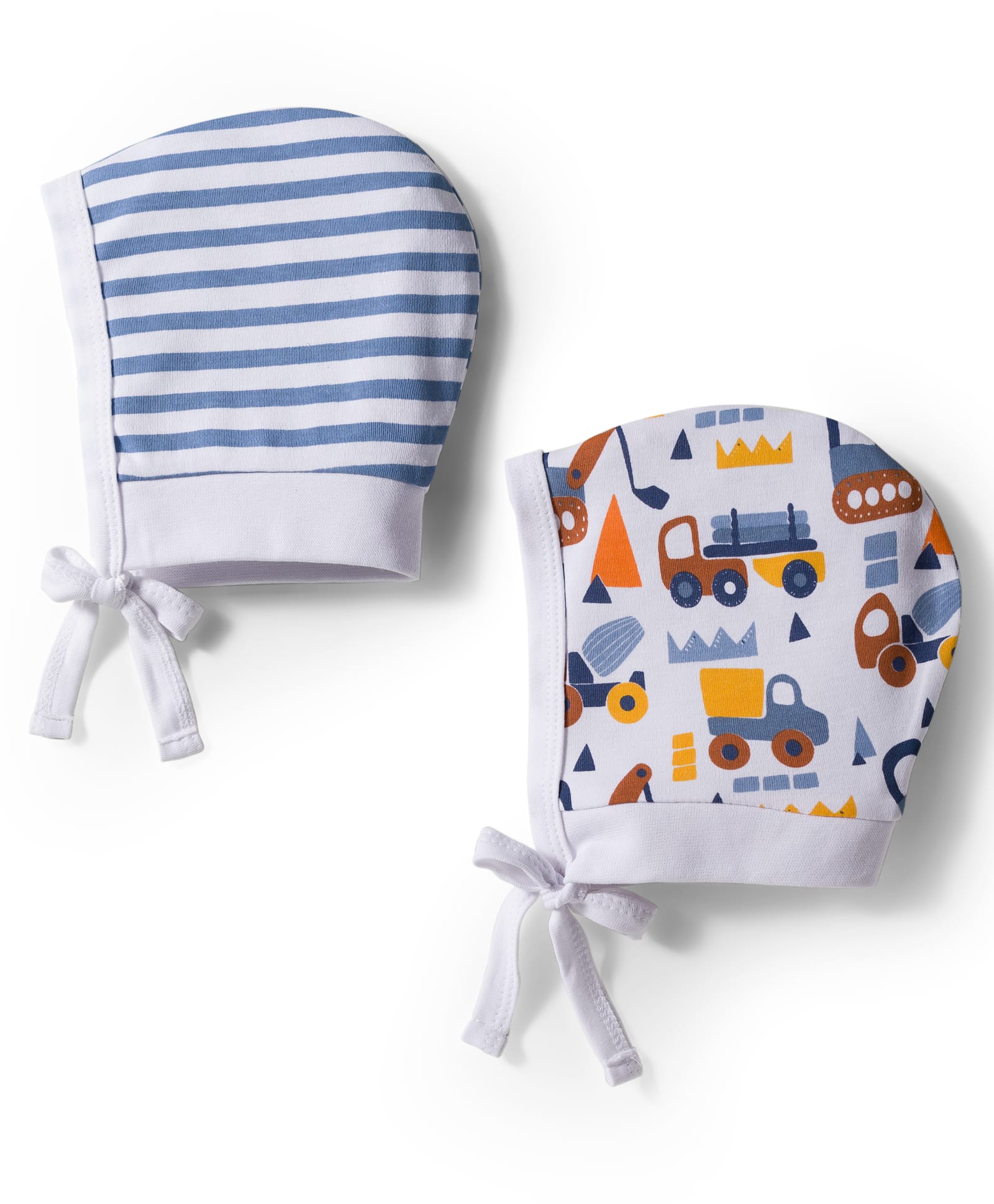 Babyhug 100% Cotton Interlock Knit Caps with Knot with Stripes & Truck Print White Pack of 2 - Diameter 13.5 cm