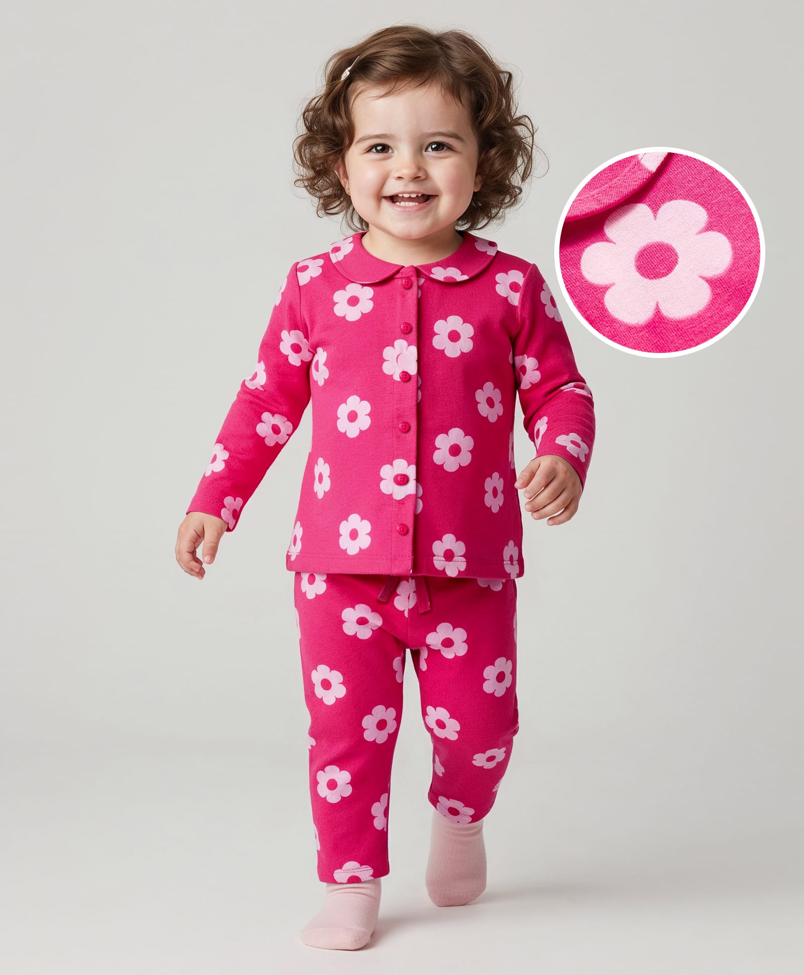 Babyoye 100% Cotton Knit Full Sleeves Co-ord Night Suit With Floral Print - Dark Pink-picture-2