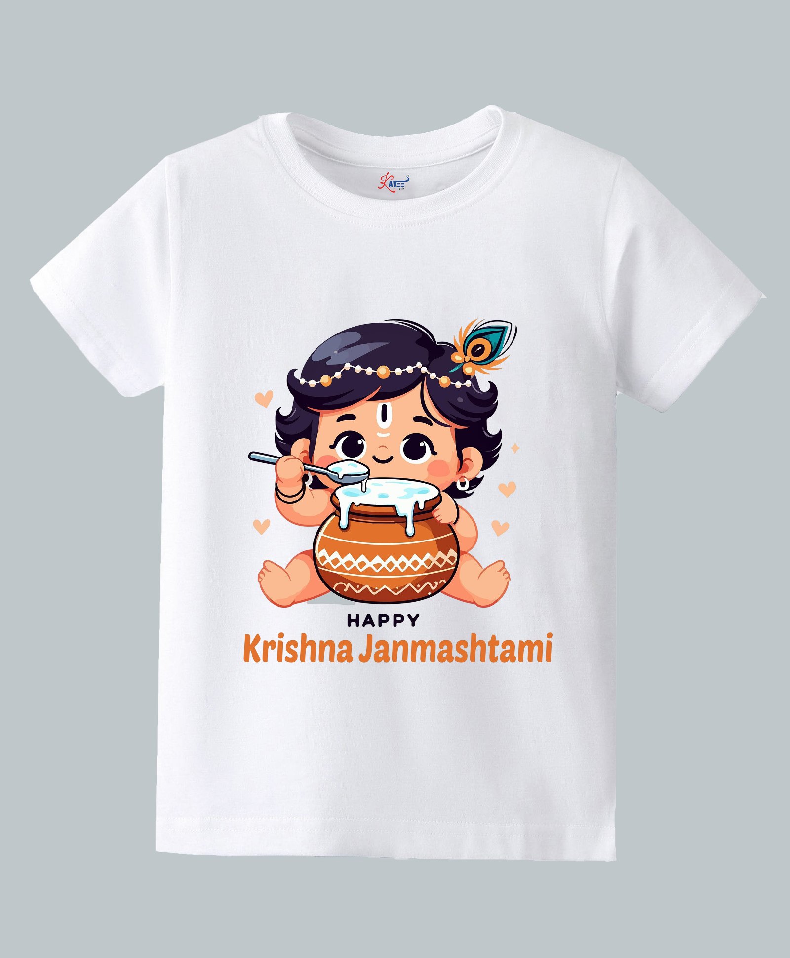 KAVEE Pure Cotton Knit Janmashtami Theme Half Sleeves Happy Krishna Janmashtami Text Printed Biowashed Tee - White-image-34