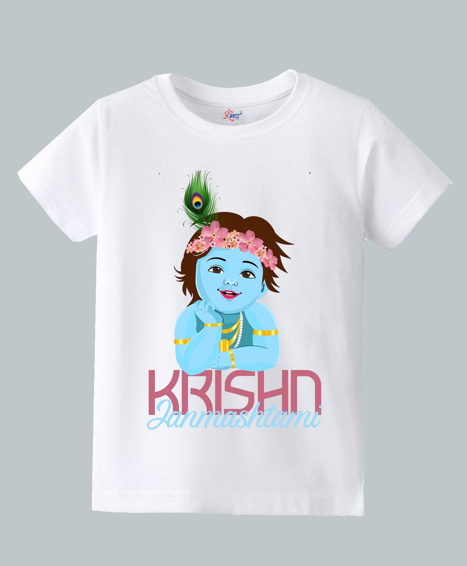 KAVEE Pure Cotton Knit Janmashtami Theme Half Sleeves Krishna Text Printed Biowashed Tee - White-picture-17