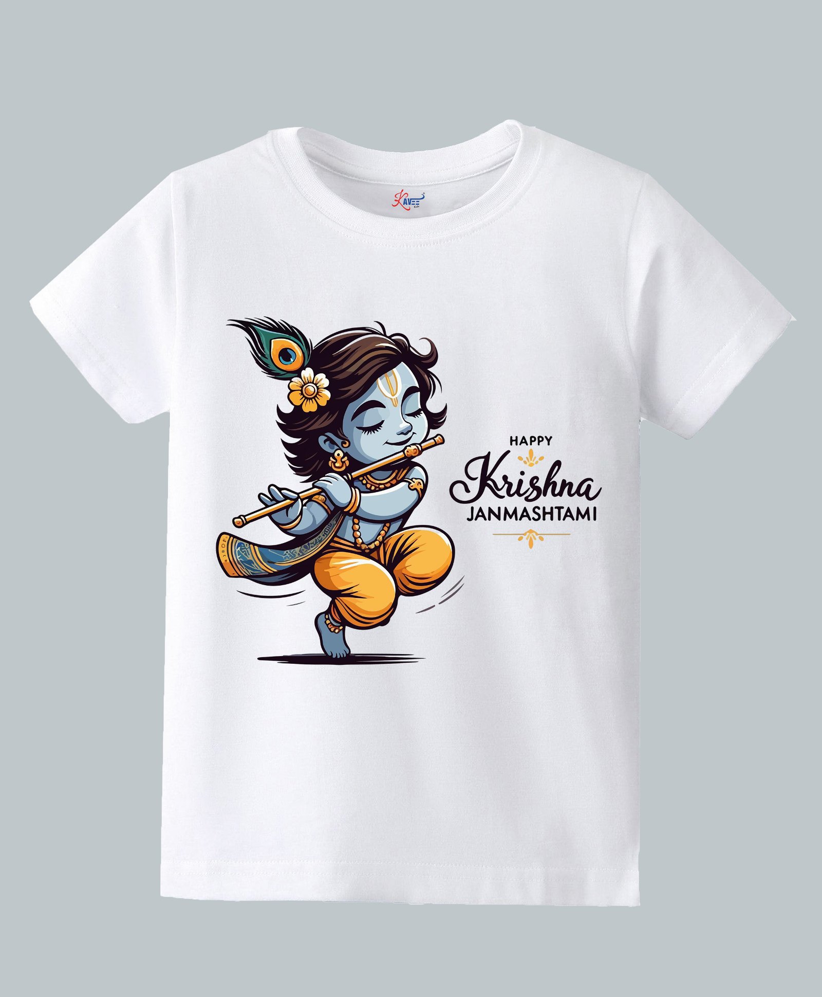 KAVEE Pure Cotton Knit Janmashtami Theme Half Sleeves Happy Krishna Janmashtami Text Printed Biowashed Tee - White-picture-19