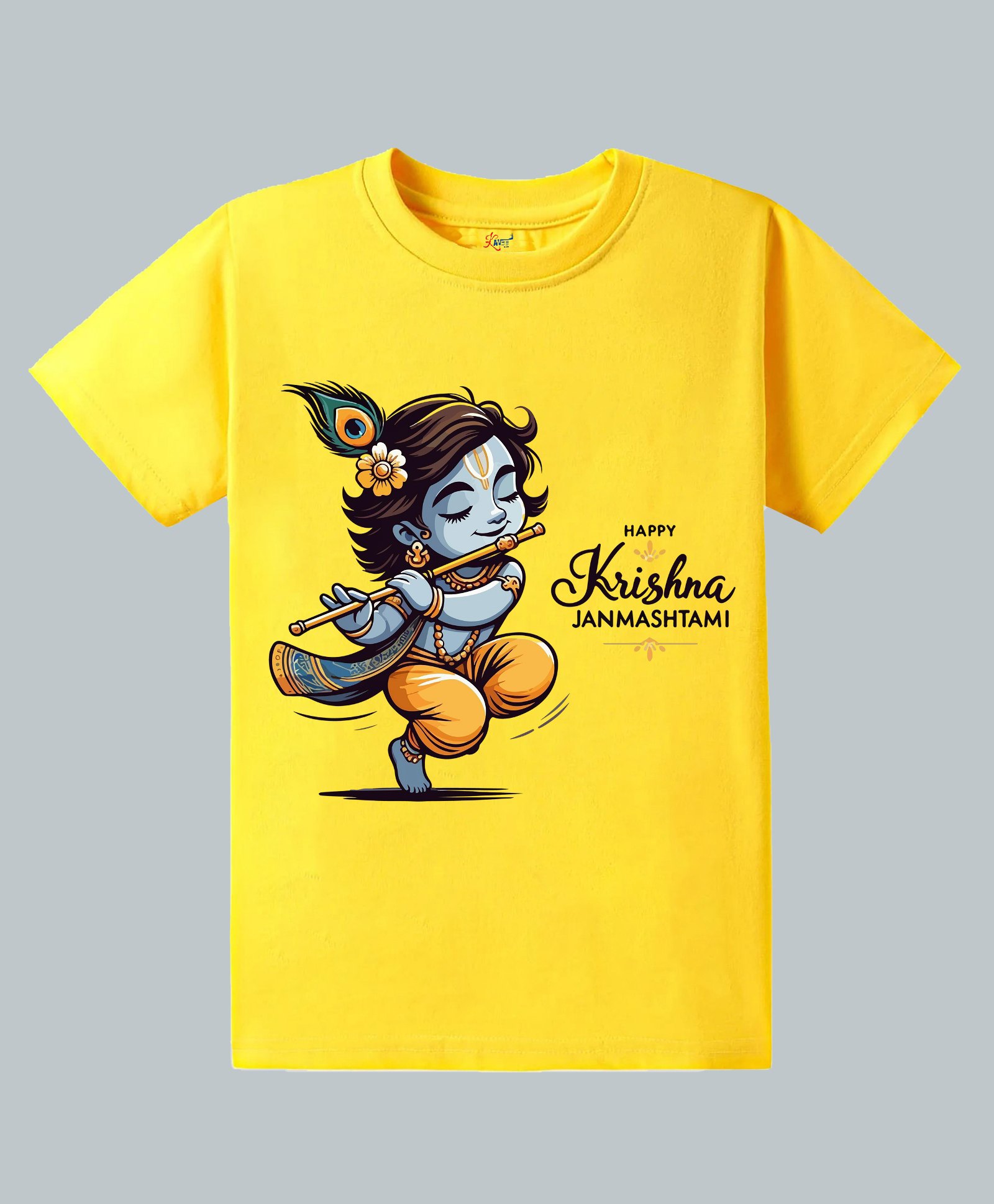KAVEE Pure Cotton Knit Janmashtami Theme Half Sleeves Happy Krishna Janmashtami Text Printed Biowashed Tee - Yellow-image-45