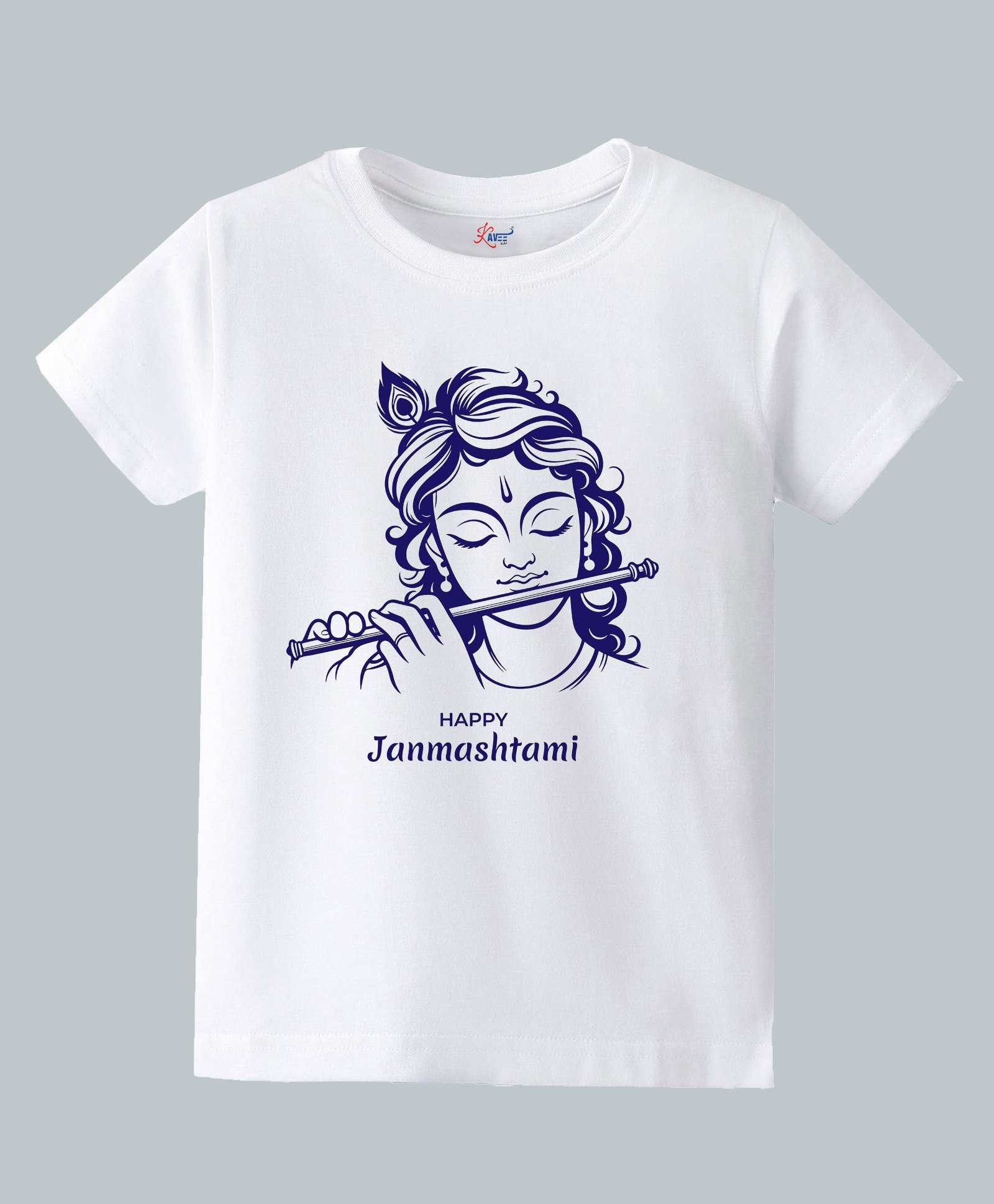 KAVEE Pure Cotton Knit Janmashtami Theme Half Sleeves Happy Janmashtami Text Printed Biowashed Tee - White-image-25