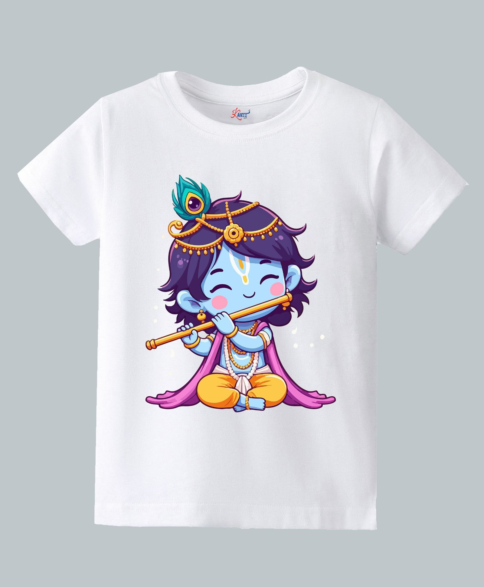 KAVEE Pure Cotton Knit Janmashtami Theme Half Sleeves Cute Krishna Playing Flute Printed Biowashed Tee - White-picture-13