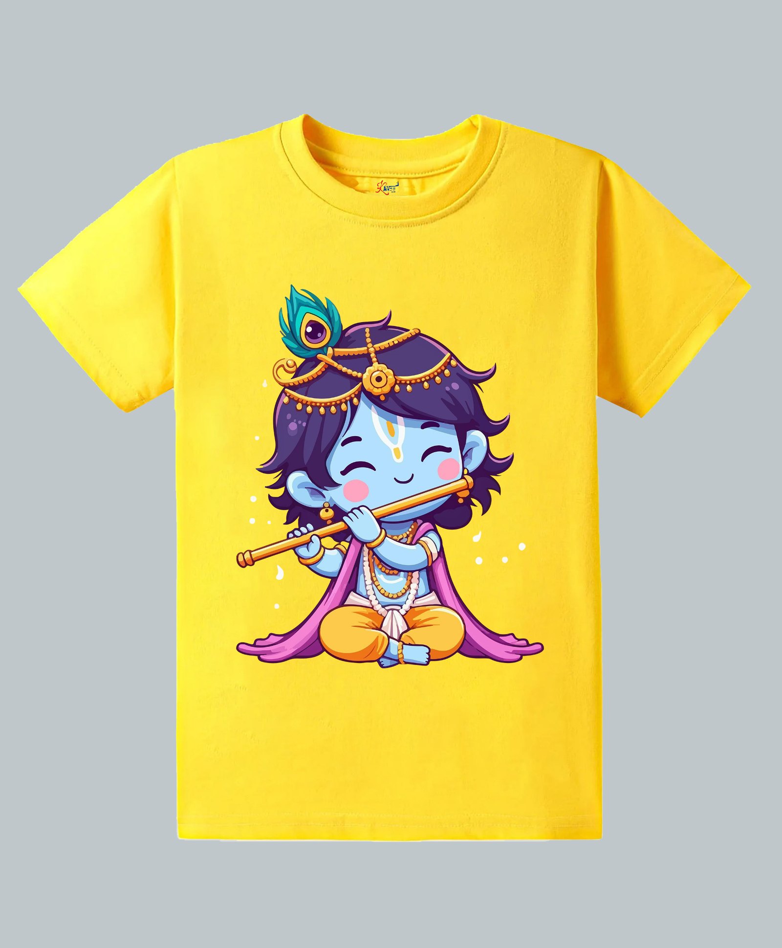 KAVEE Pure Cotton Knit Janmashtami Theme Half Sleeves Cute Krishna Playing Flute Printed Biowashed Tee - Yellow-picture-12
