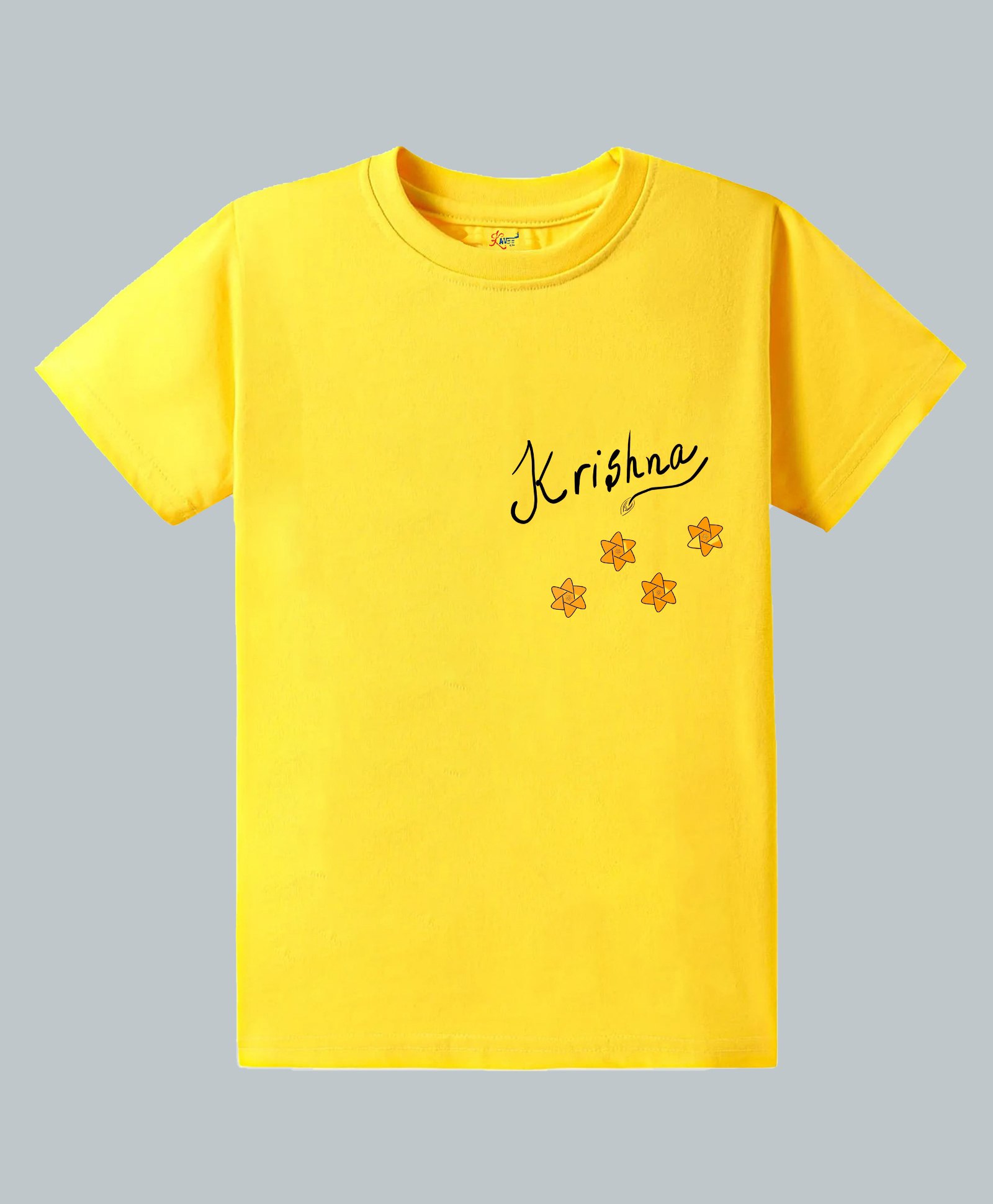 KAVEE Pure Cotton Knit Janmashtami Theme Half Sleeves Krishna Text Printed Biowashed Tee - Yellow-image-49