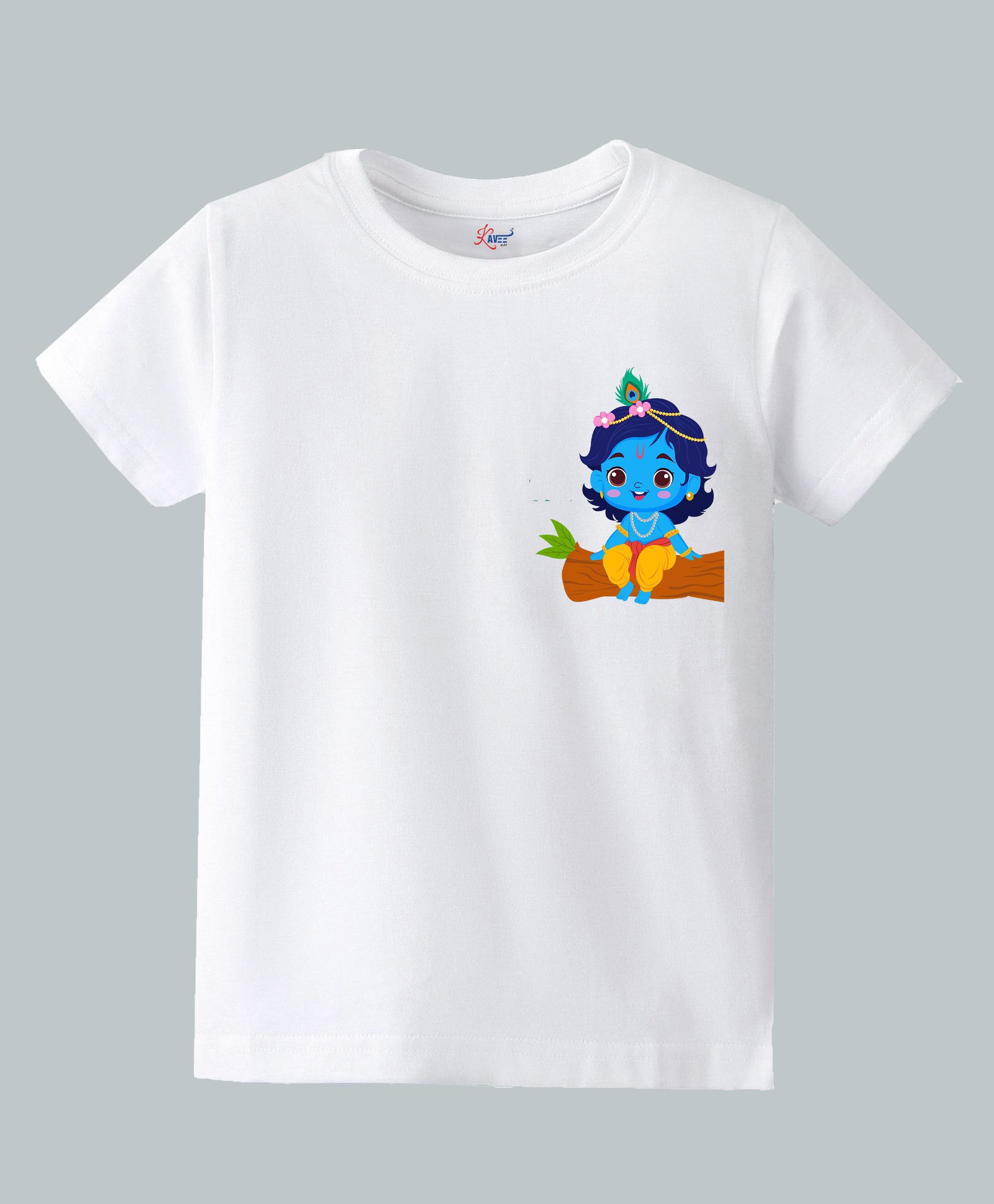 KAVEE Pure Cotton Knit Janmashtami Theme Half Sleeves Pocket Krishna Printed Biowashed Tee - White-image-29