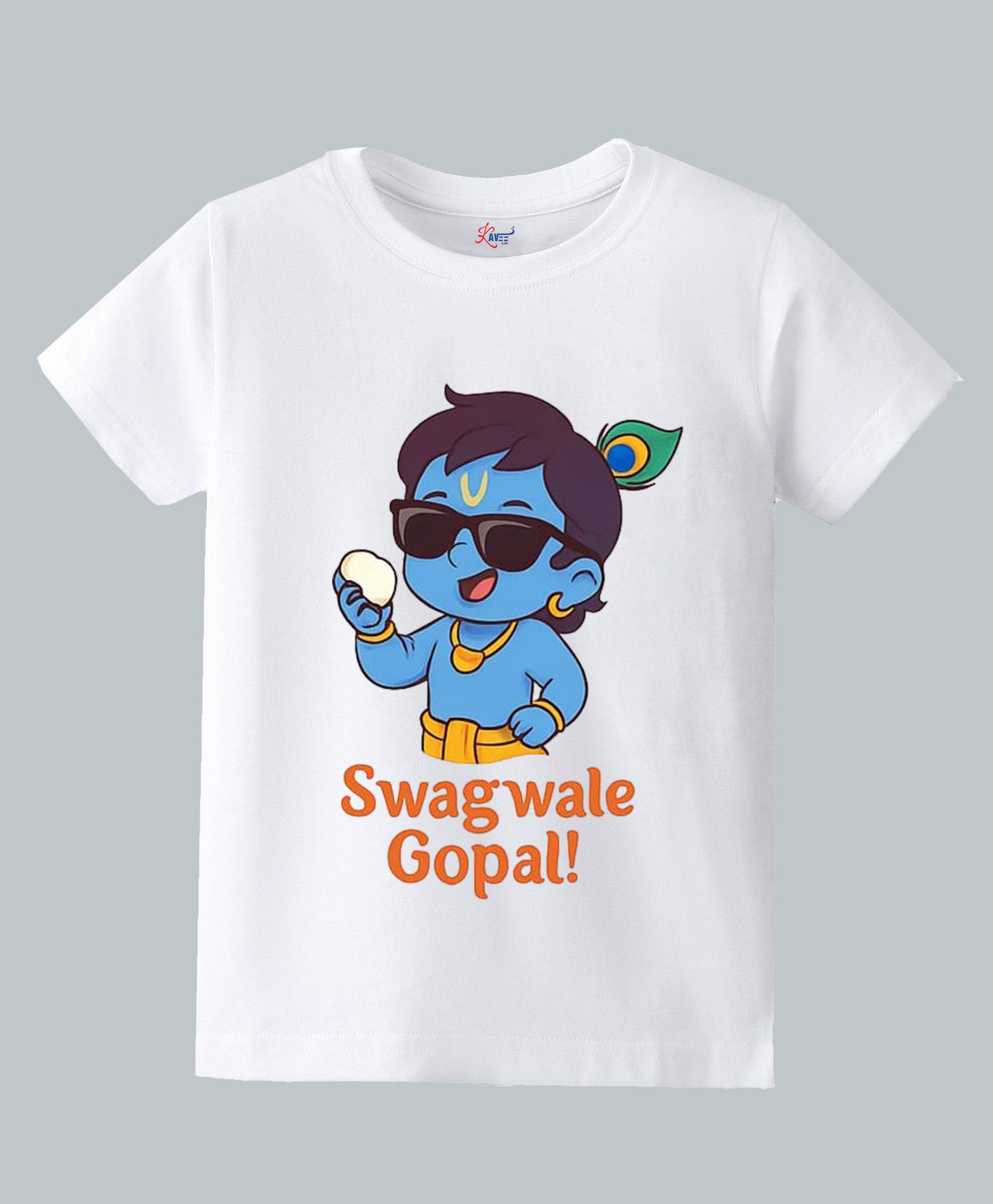 KAVEE Pure Cotton Knit Janmashtami Theme Half Sleeves Swag Wale Gopal Text Printed Biowashed Tee - White-image-20