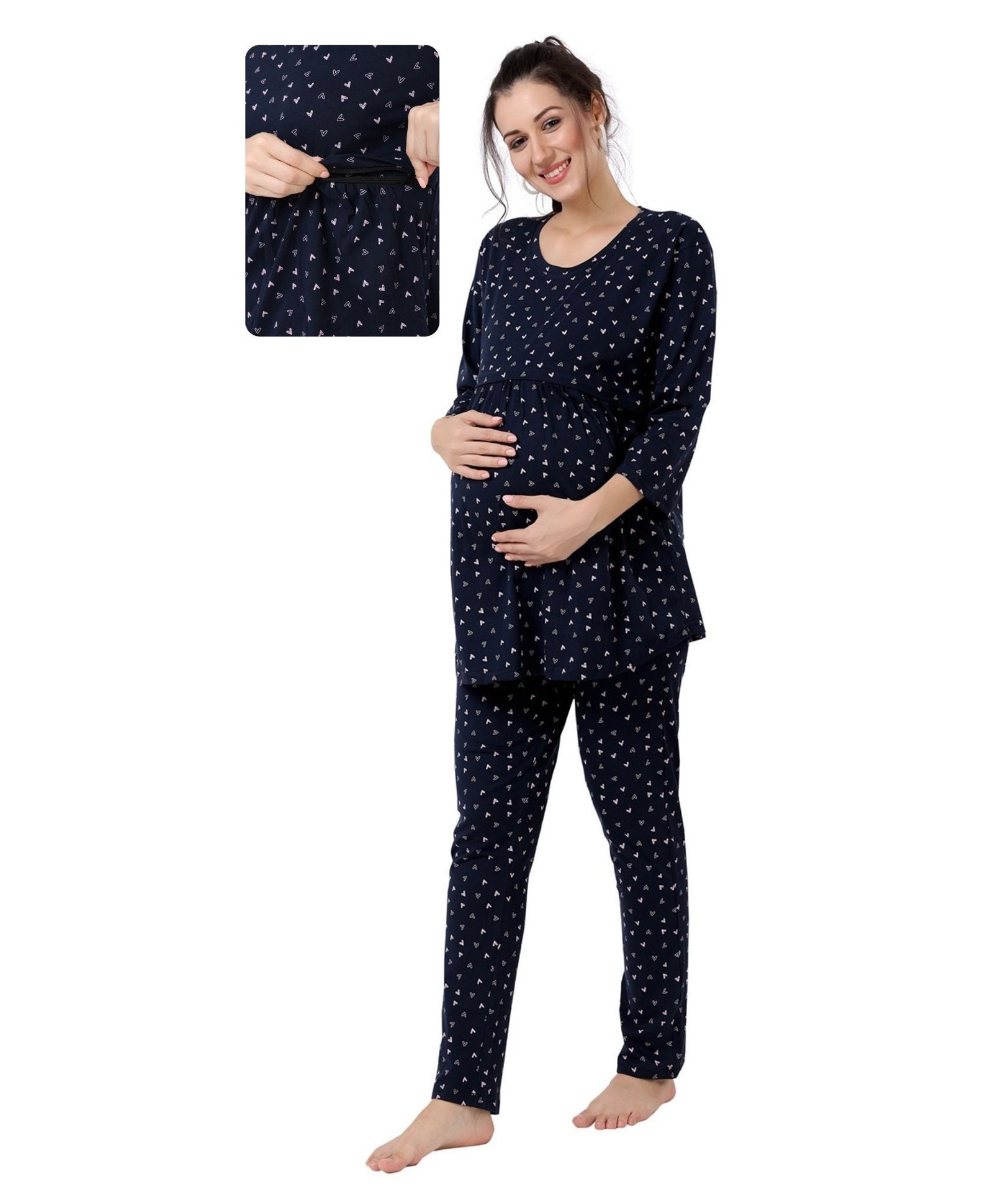 Fabme Pure Cotton Knit Three Fourth Sleeves Hearts Printed Coordinating Maternity Night Suit Set With Horizontal Zipper Nursing Access - Navy Blue-image-37