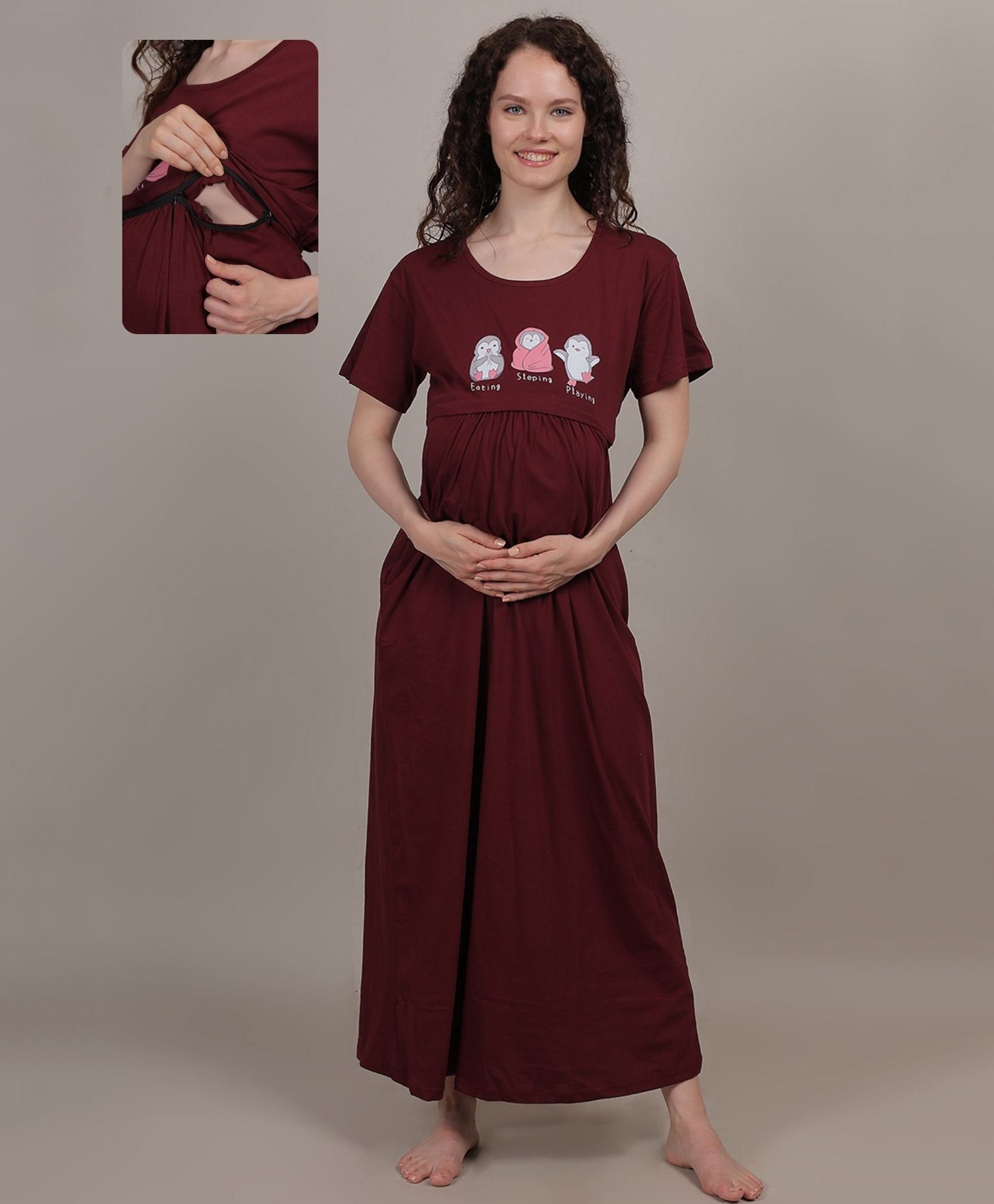 Fabme Pure Cotton Knit Half Sleeves Penguins Printed Maternity Nighty With Horizontal Zipper Nursing Access - Purple-picture-18