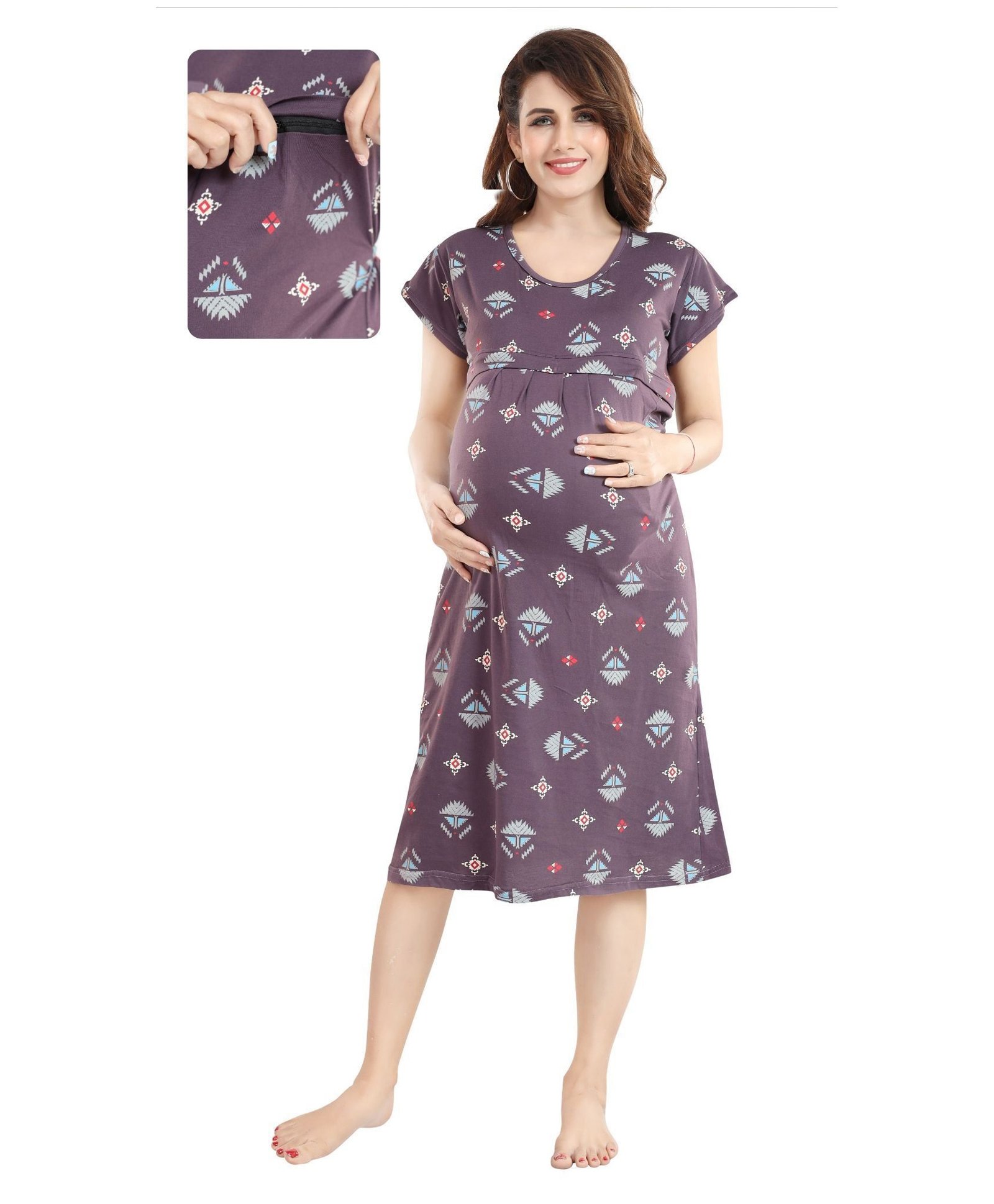 Fabme Pure Cotton Knit Half Sleeves Abstract Printed Maternity Nighty With Horizontal Zipper Nursing Access - Purple-image-42