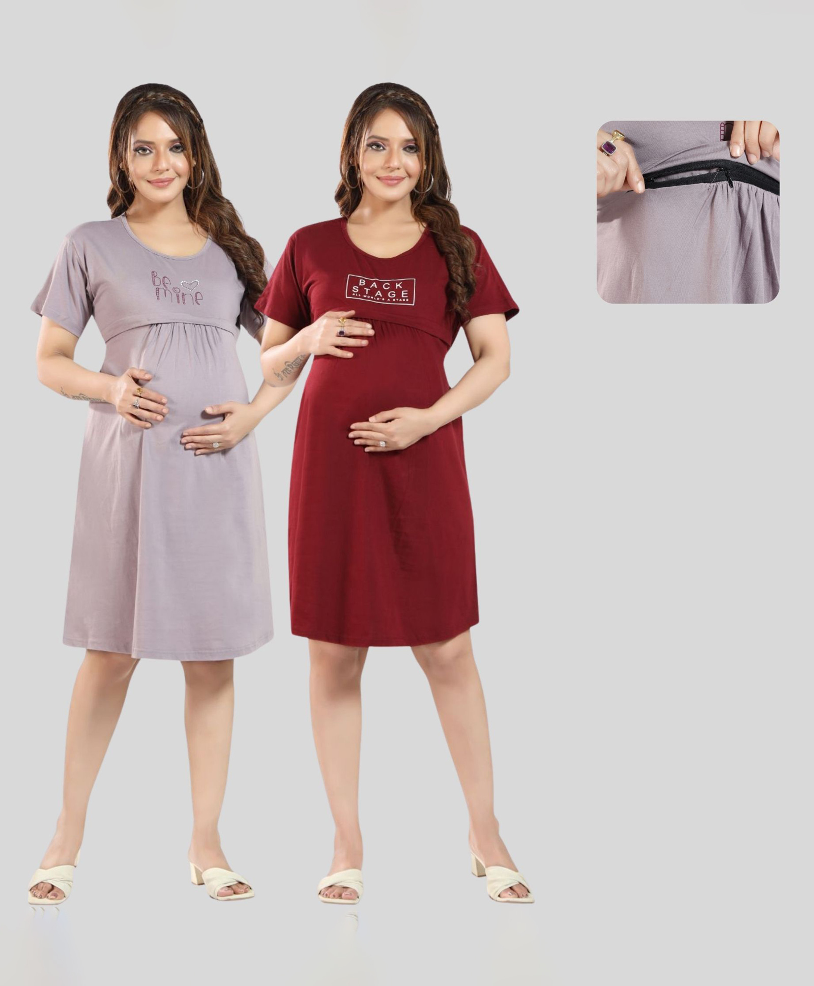 Fabme Pure Cotton Knit Pack Of 2 Half Sleeves Back Stage & Be Mine Text Printed Maternity Nighties With Horizontal Zipper Nursing Access - Lavender & Maroon-image-34