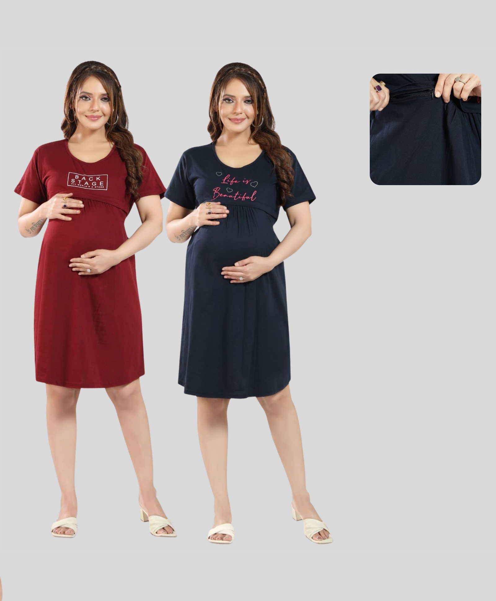 Fabme Pure Cotton Knit Pack Of 2 Half Sleeves Back Stage & Life Is Beautiful Text Printed Maternity Nighties With Horizontal Zipper Nursing Access - Maroon & Blue-image-18