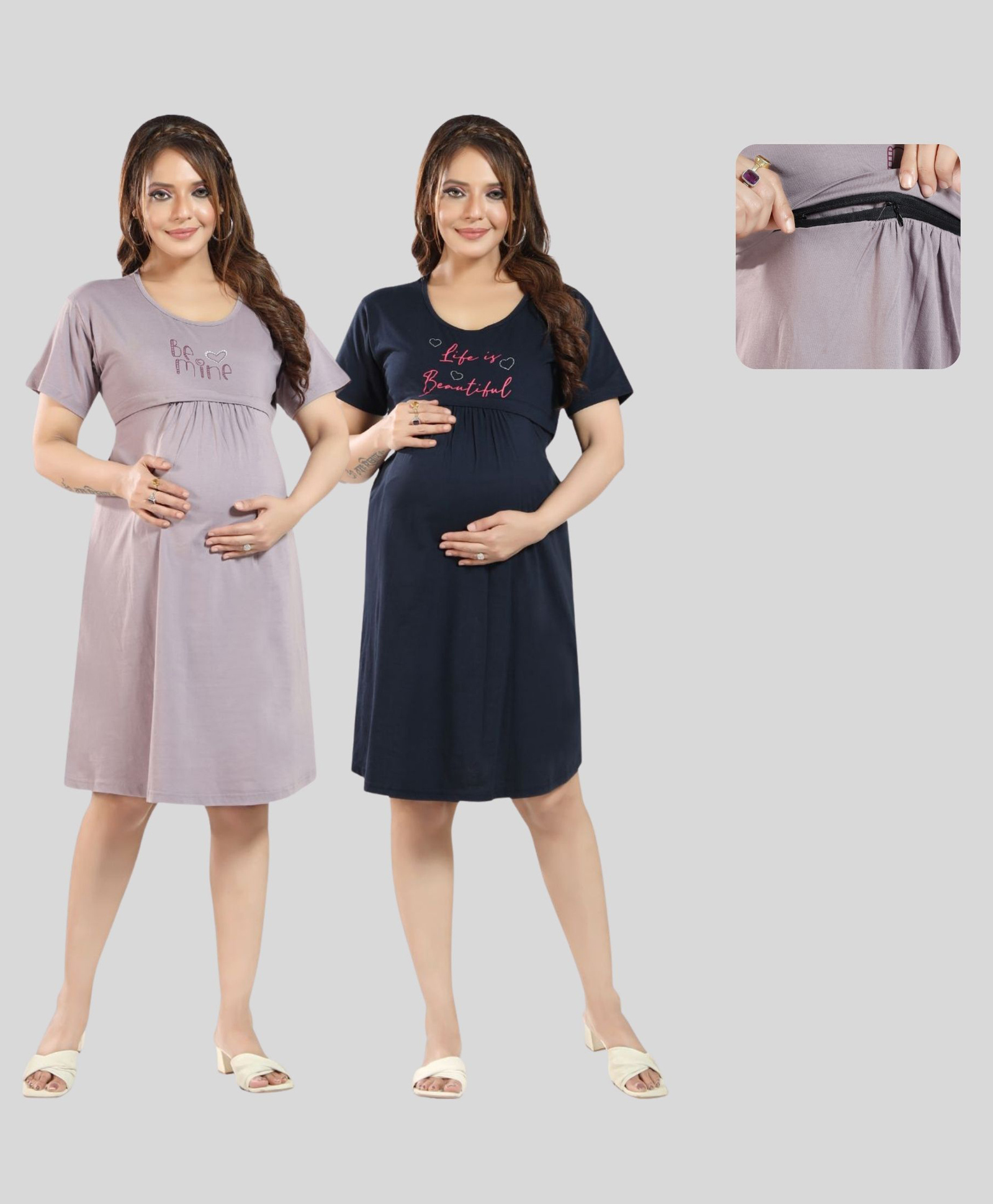 Fabme Pure Cotton Knit Pack Of 2 Half Sleeves Life Is Beautiful & Be Mine Text Printed Maternity Nighties With Horizontal Zipper Nursing Access - Blue & Lavender-image-33