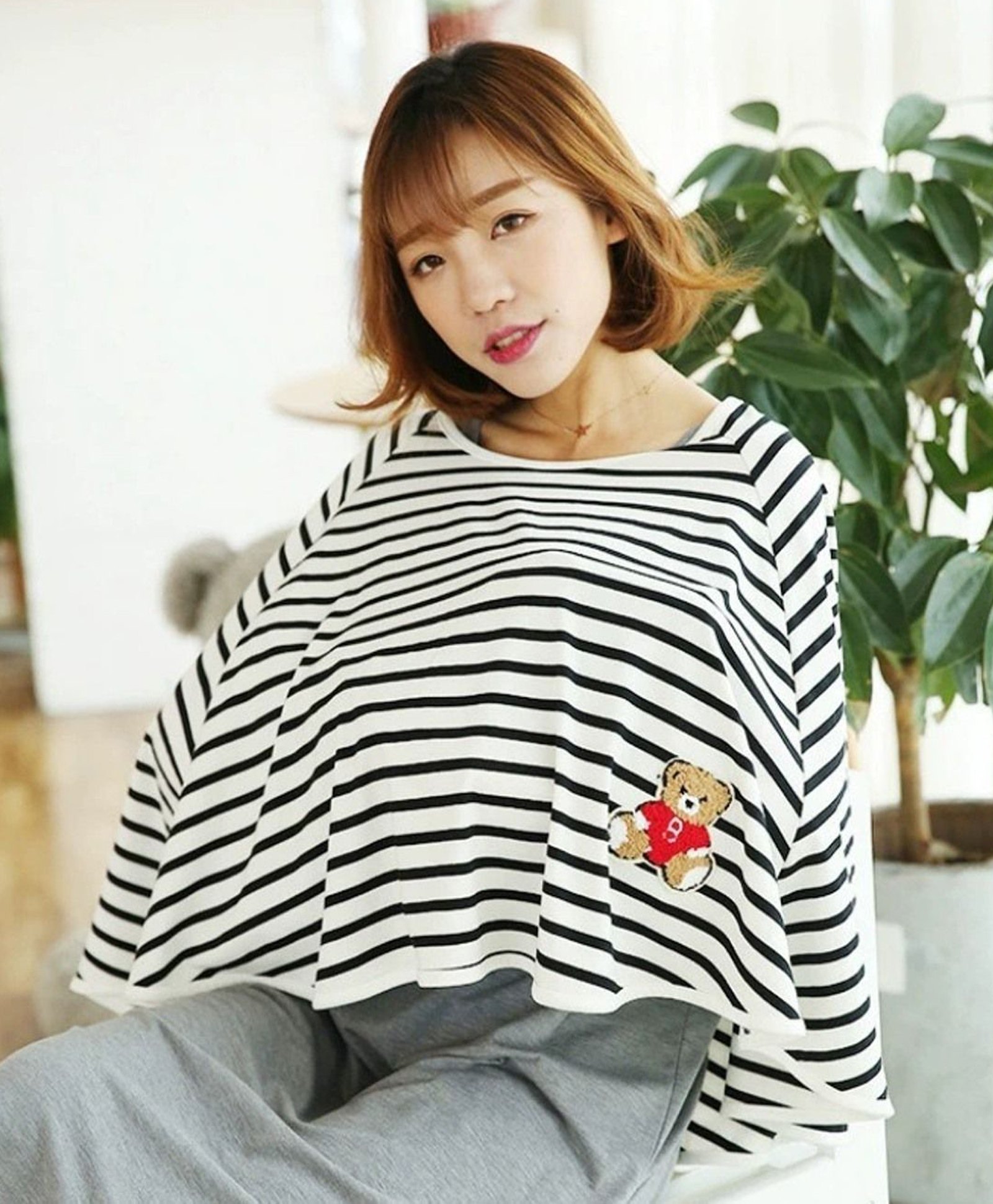 Fabme Cotton Knit Striped & Teddy Patch Embroidered Maternity Poncho - White-image-12