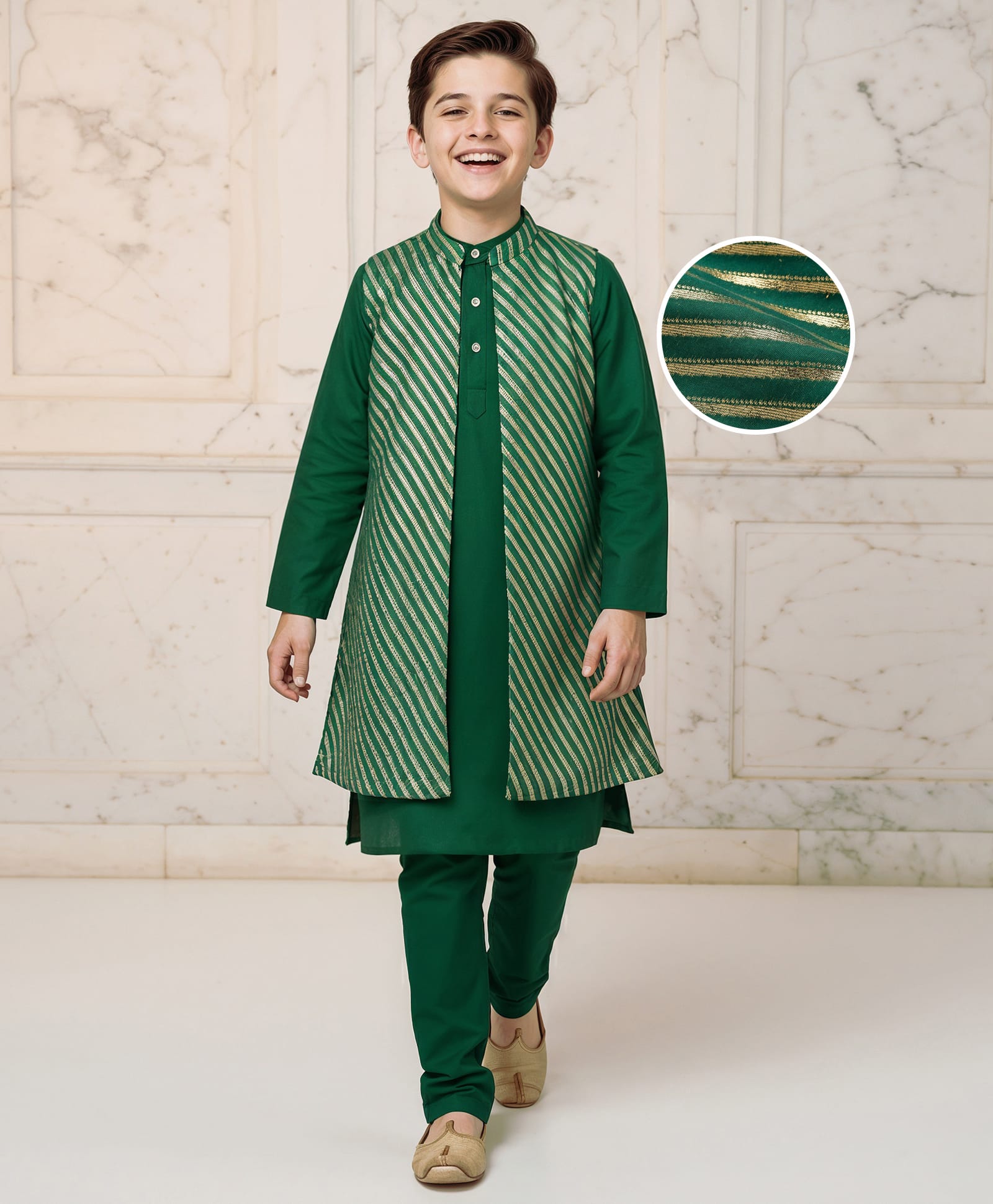 Pine Kids Woven Full Sleeves Kurta Pajama & Jacket Set with Stripes - Green-image-44
