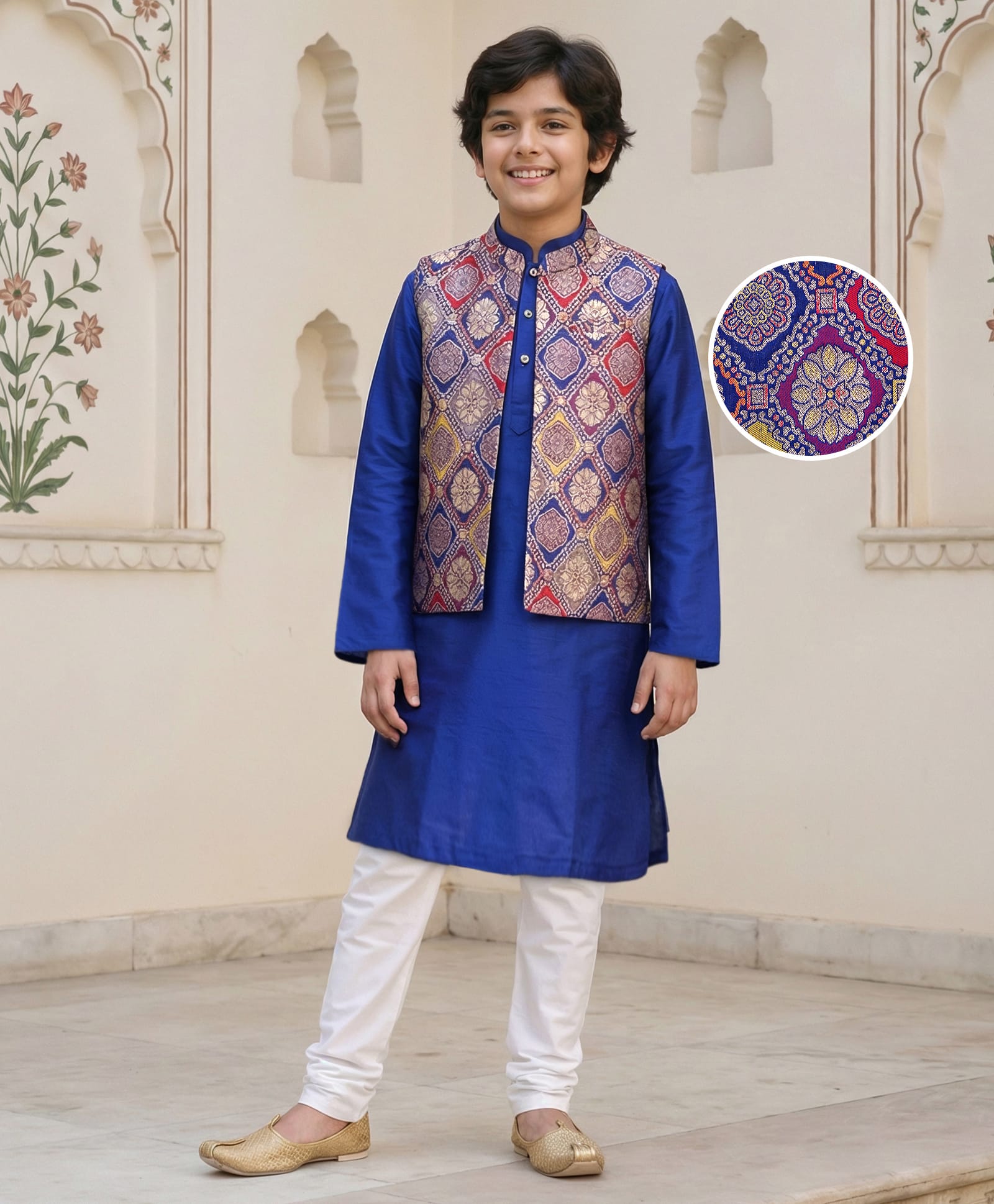 Pine Kids Woven Full Sleeves Kurta Pajama with Jacket & Motif Print - Navy Blue-image-34