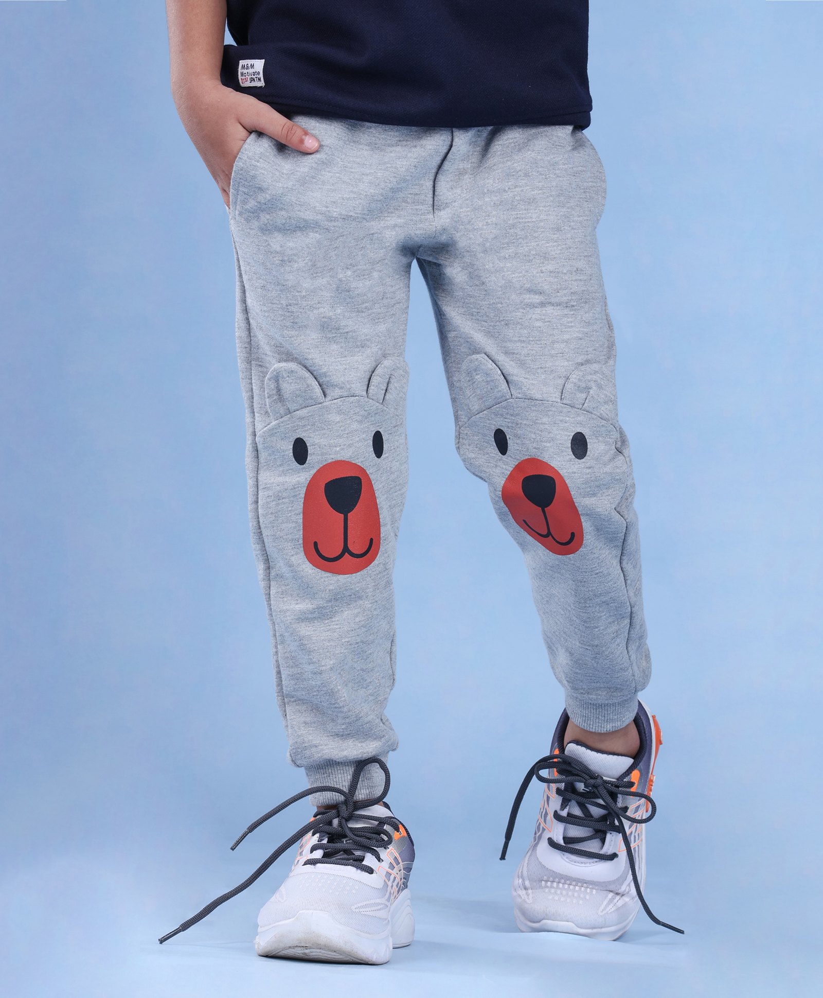 Nino Togs Cotton Looper Knit Bear Printed & Applique Detailed Joggers - Grey-picture-19