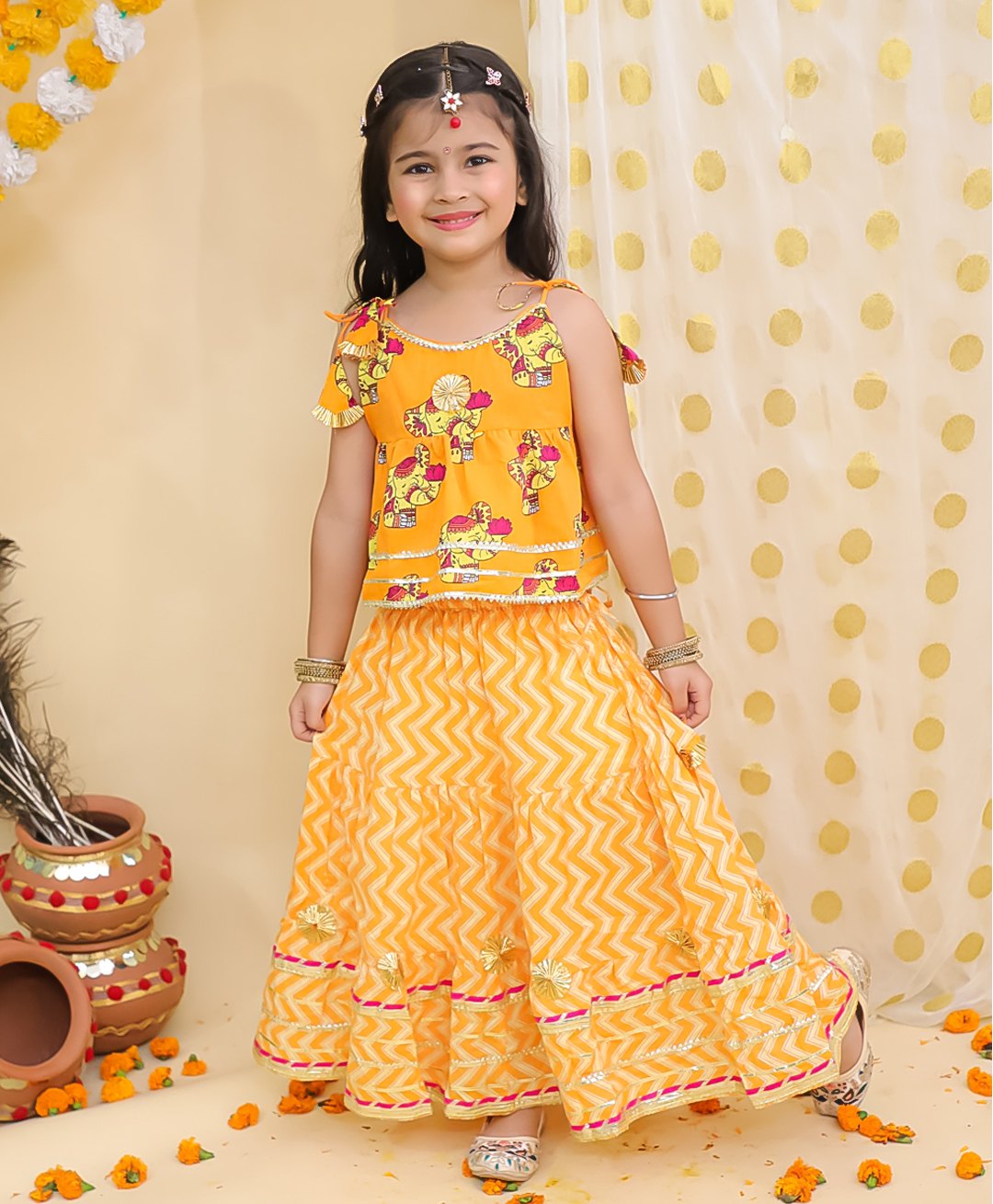 BownBee Pure Cotton Woven Sleeveless Baby Elephants Printed & Gota Lace Embellished Lehenga Choli Set - Orange-picture-19