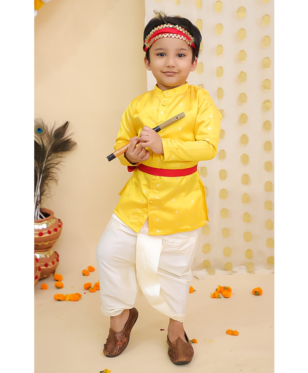 BownBee Taffeta Woven Janmashtami Theme Full Sleeves Solid Lord Krishna Costume Set - Yellow-picture-26