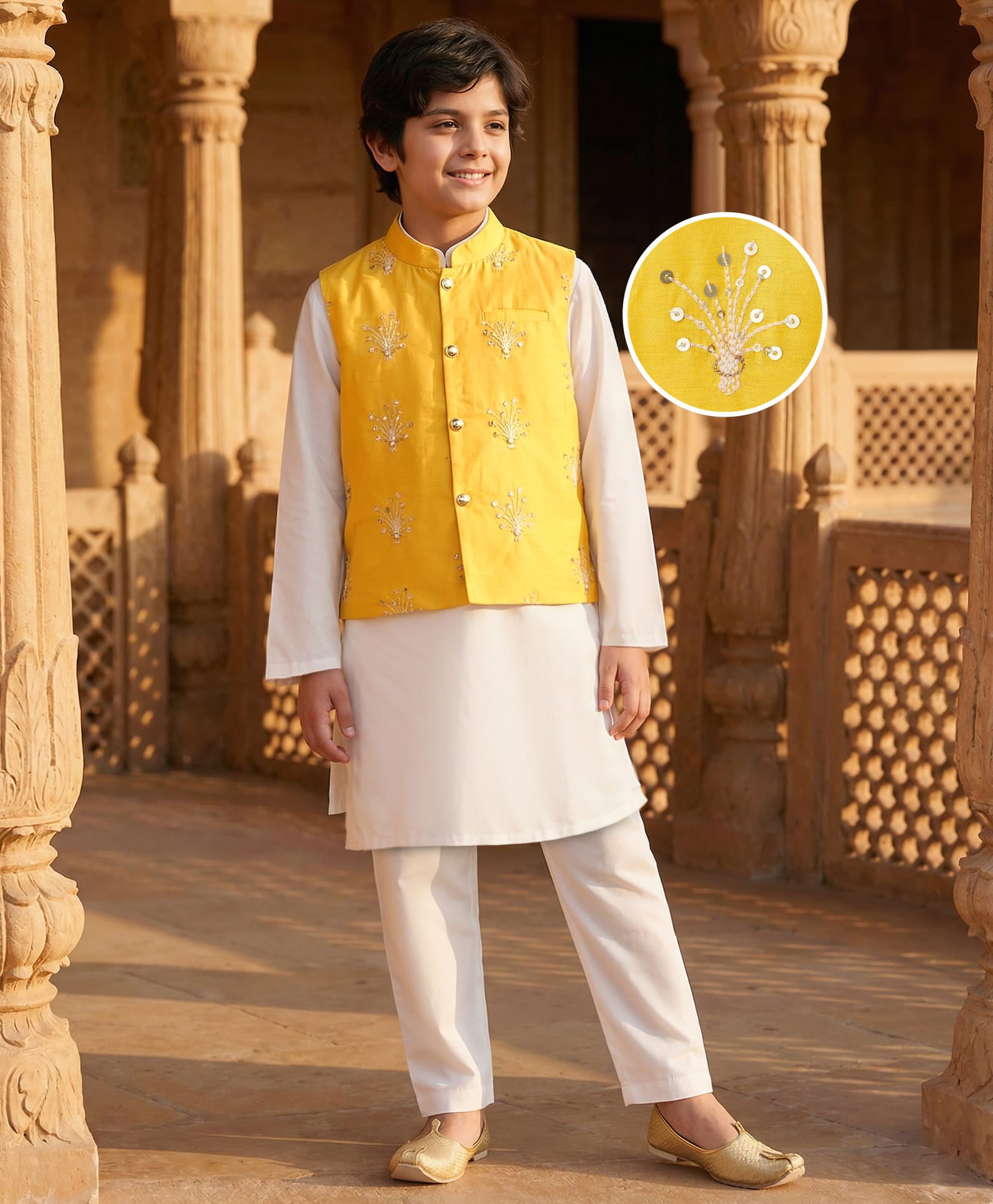Pine Kids Woven Full Sleeves Kurta Pajama with Jacket Embroidery & Sequin Detailing - Off White & Yellow-picture-20